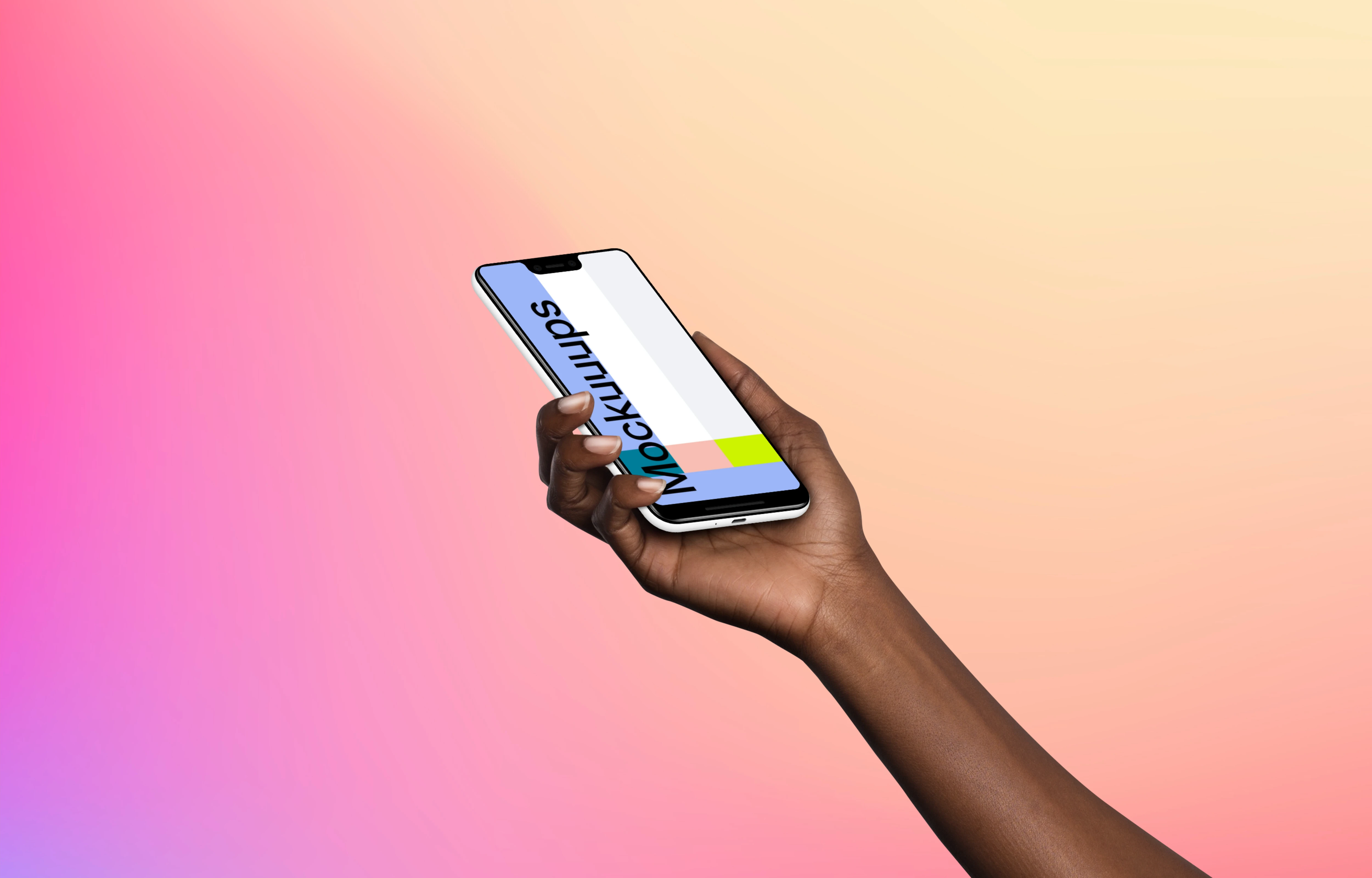 Woman holding Google Pixel 3 XL mockup (Perspective - Gradient 2)