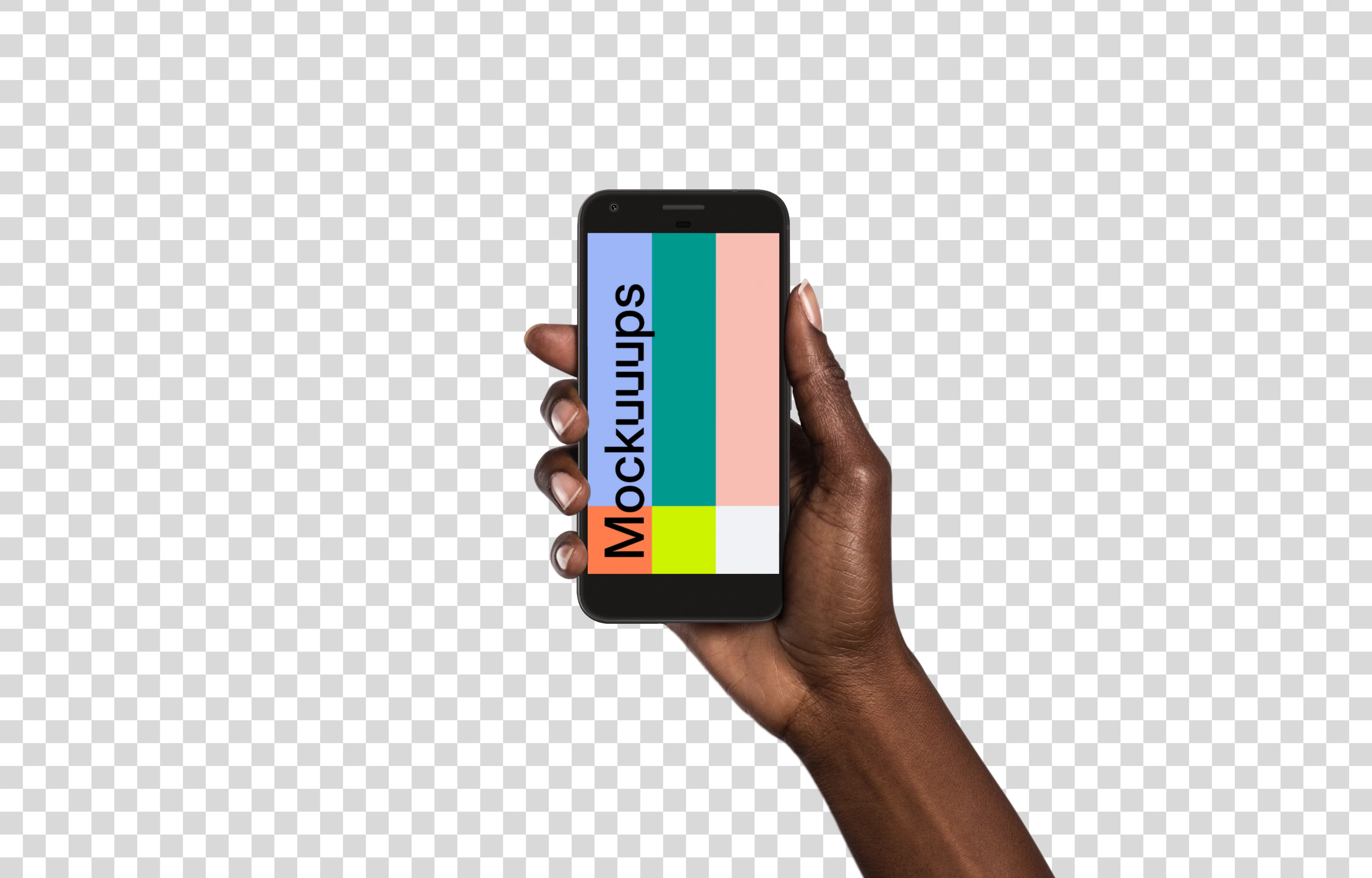 Woman holding Google Pixel Very Black mockup (Black skin)