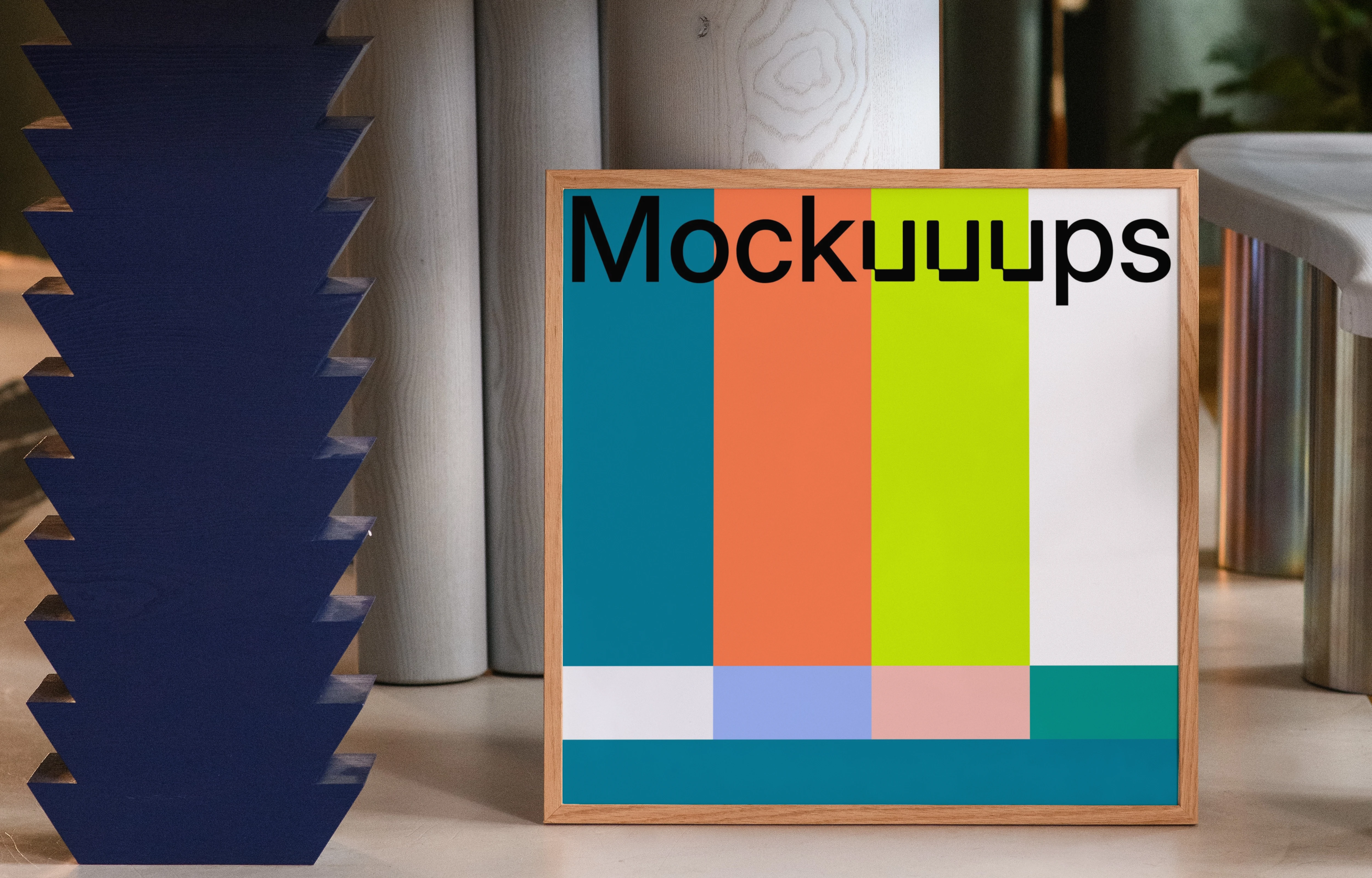 Wooden frame mockup on a modern table with decor