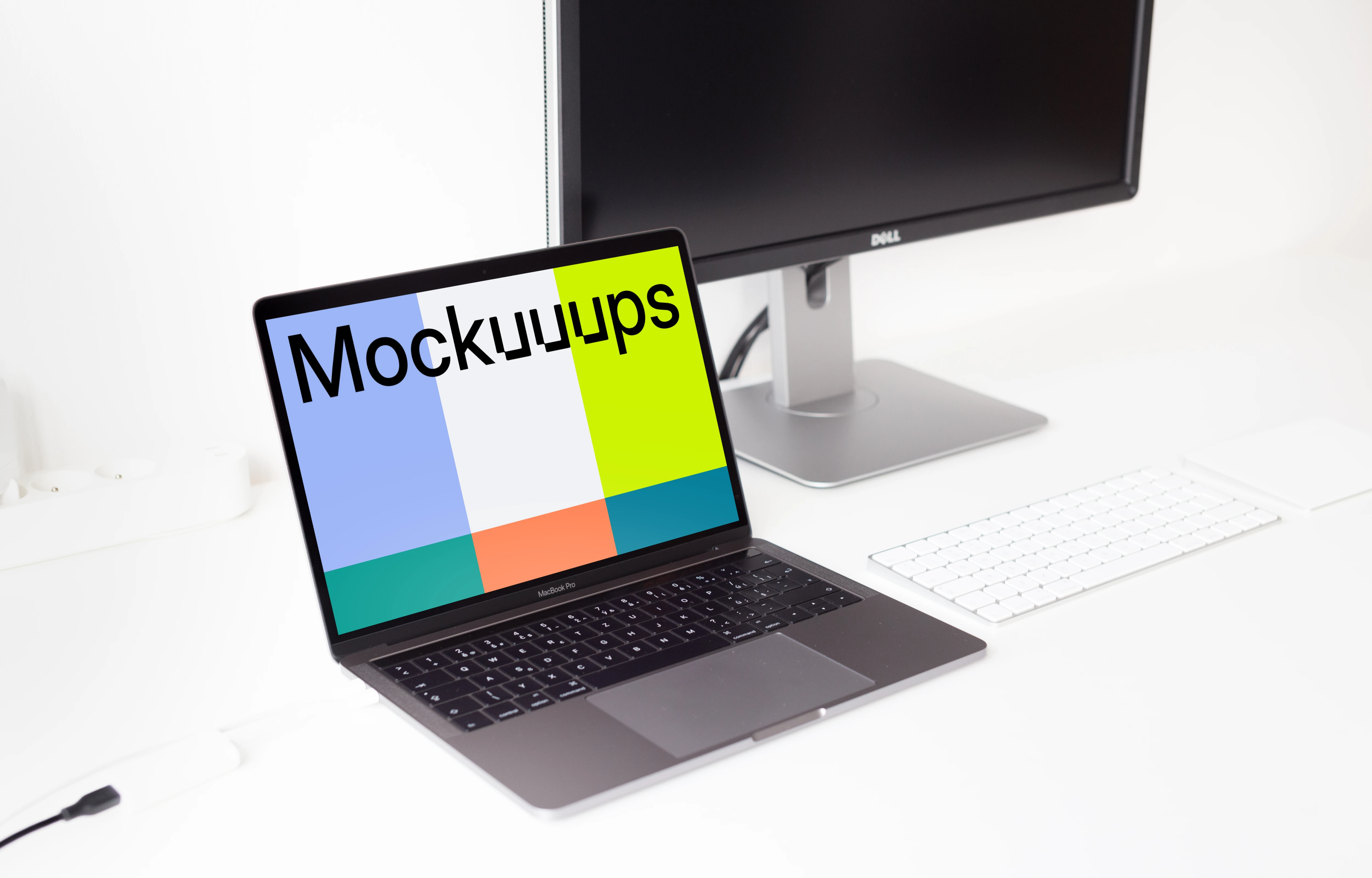 Workplace with a Macbook Pro mockup and display