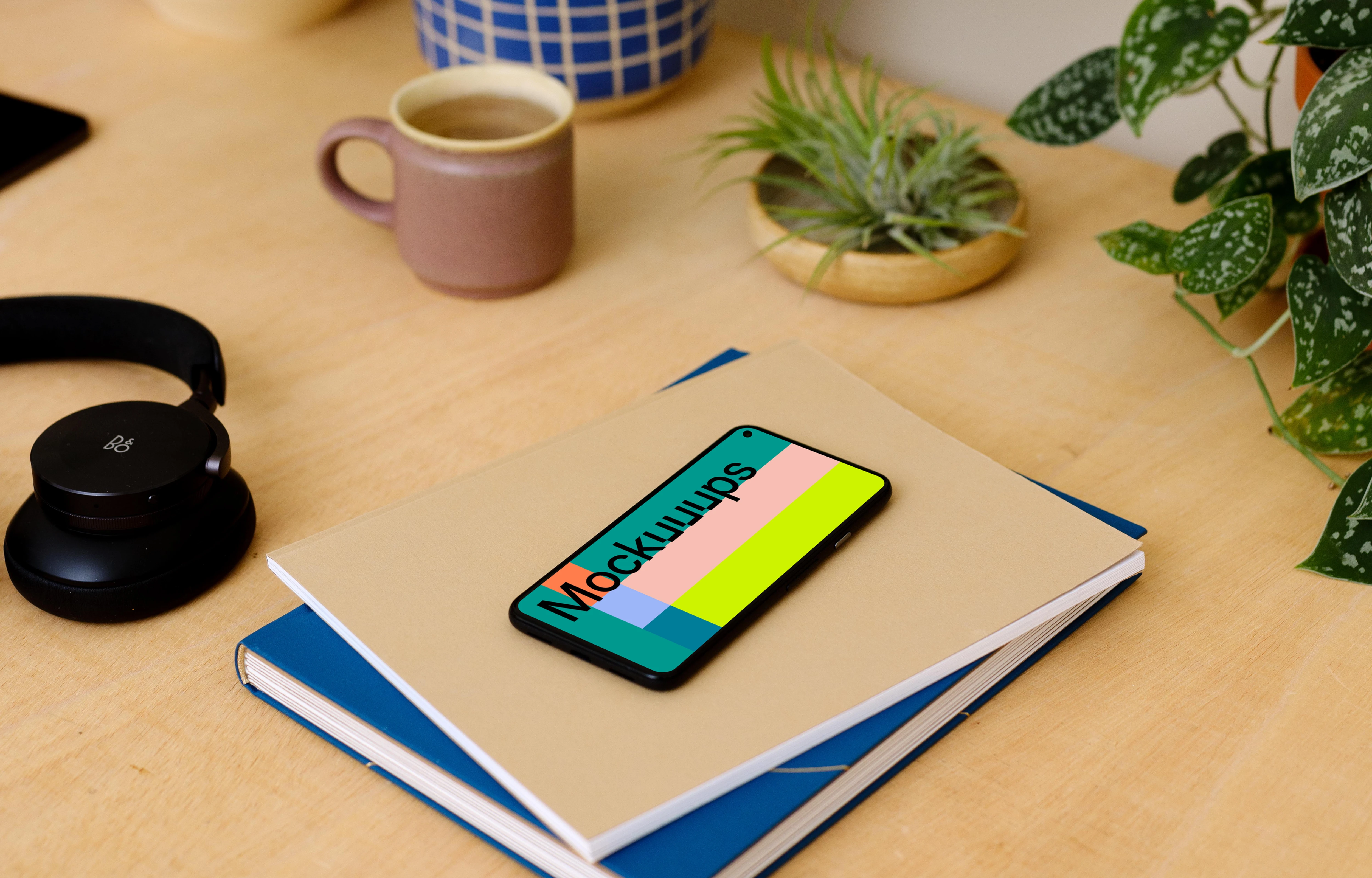 Google Pixel 5 mockup with a coffee at the side