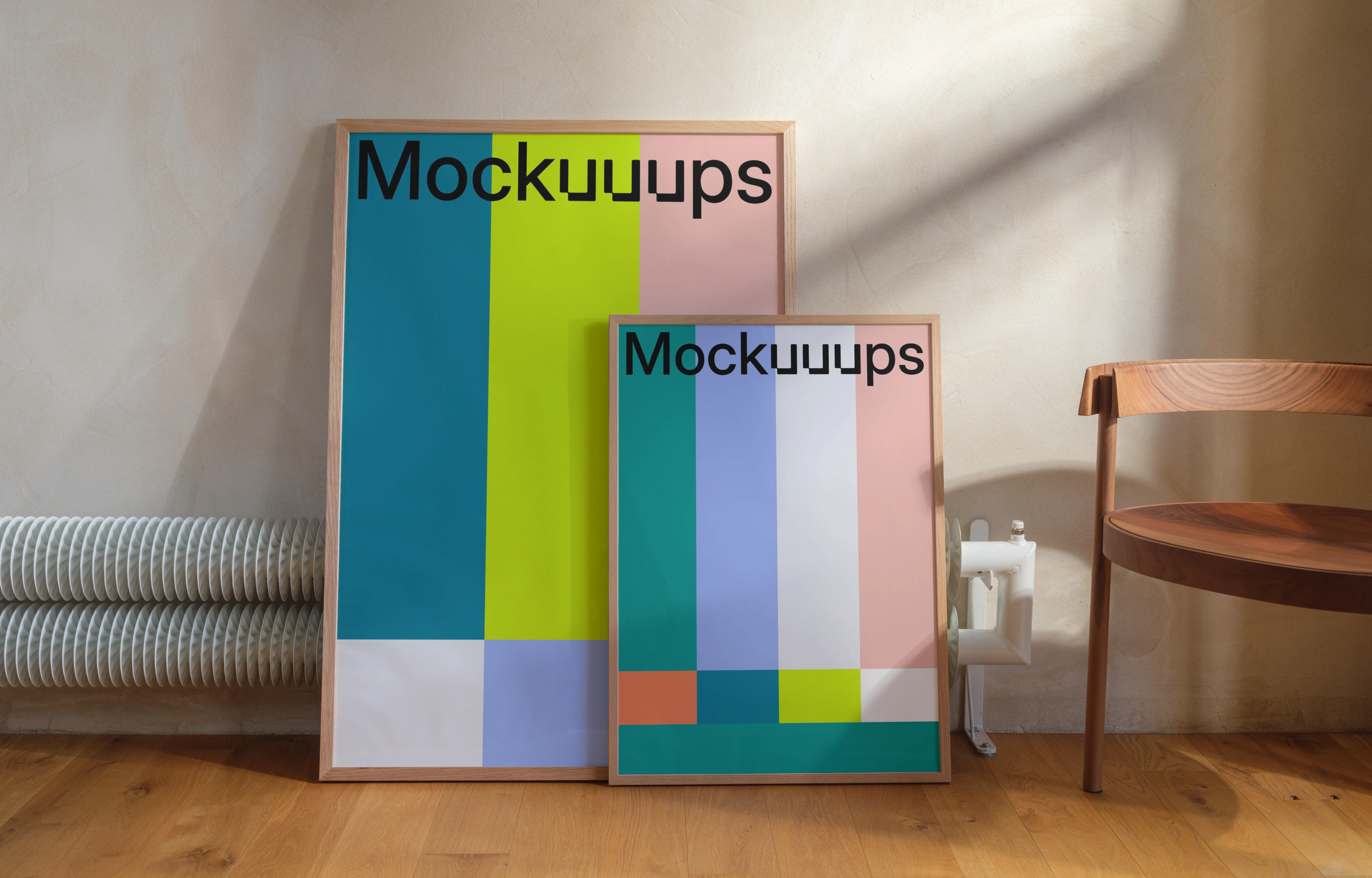 Poster mockup with wooden frames on a cozy room floor