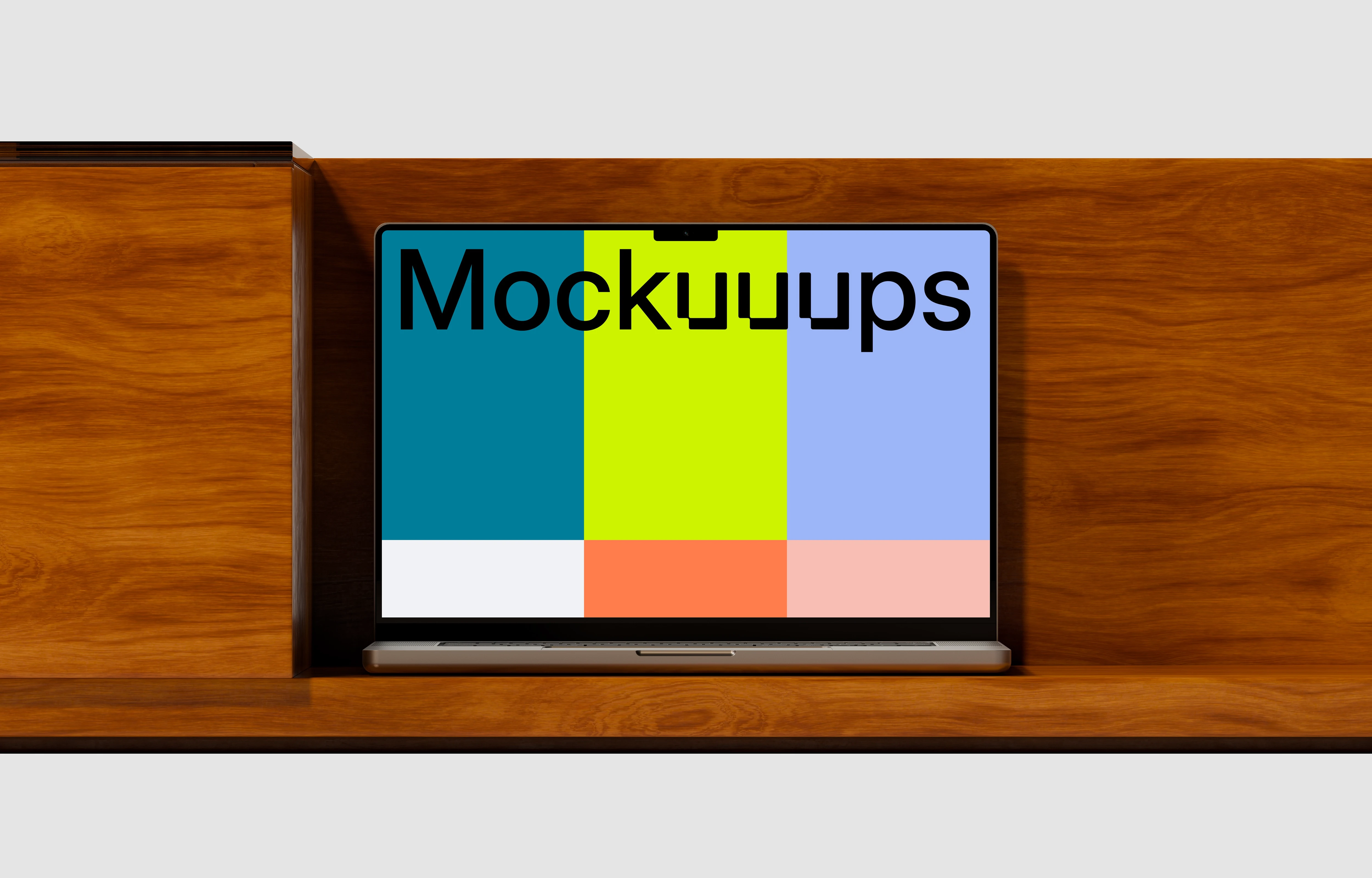 MacBook Pro mockup on a wooden shelf