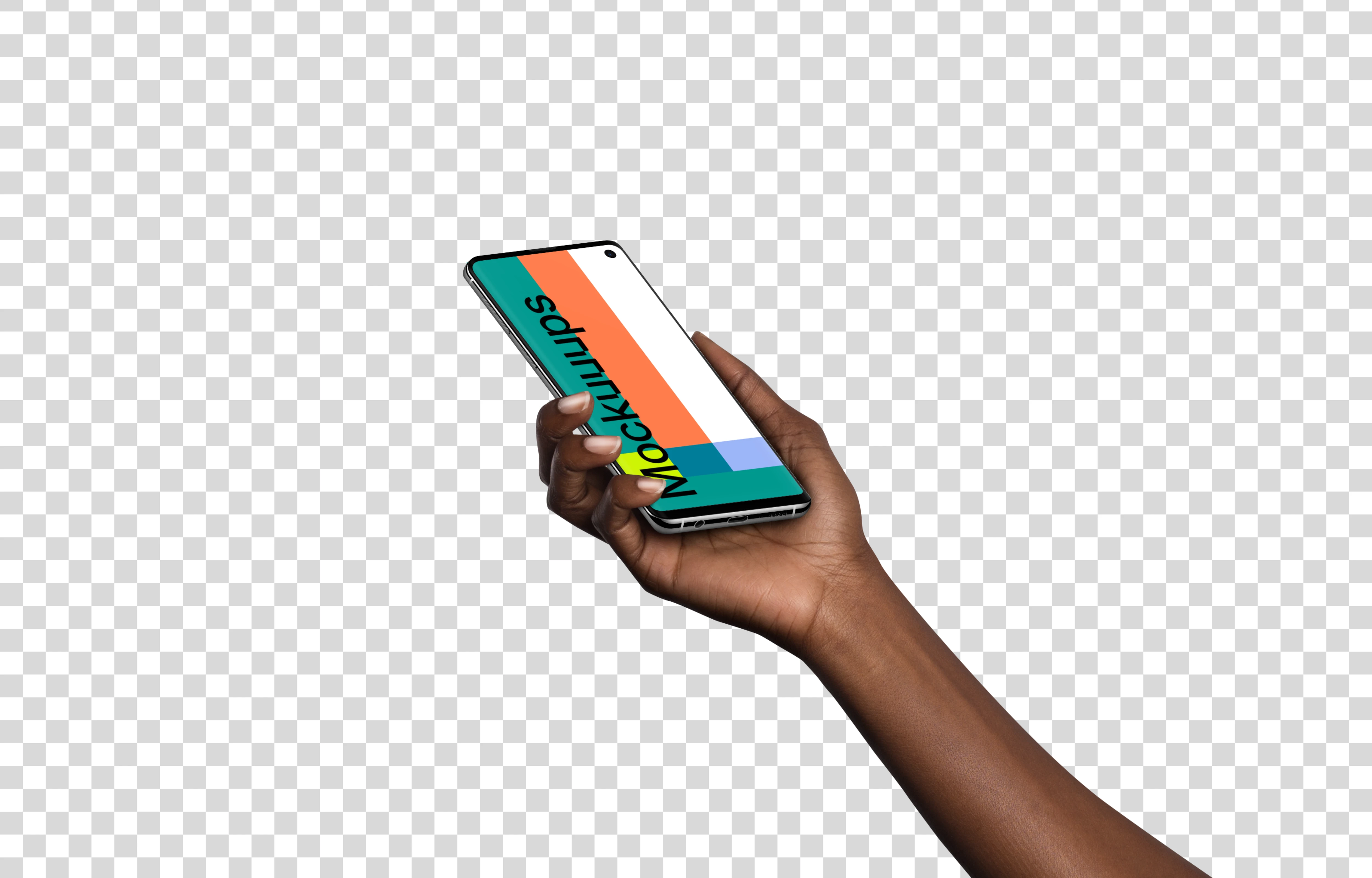 Woman holding Samsung Galaxy S10 mockup (Perspective - Transparent)