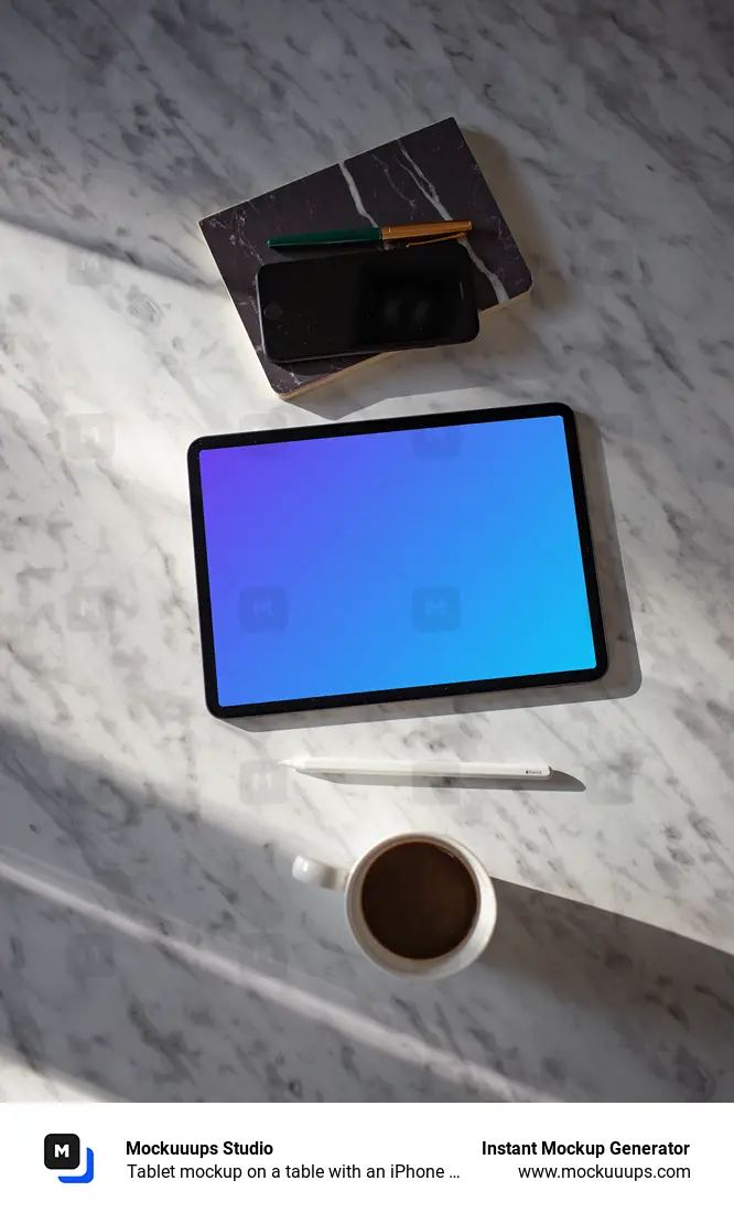 Tablet mockup on a table with an iPhone at the side