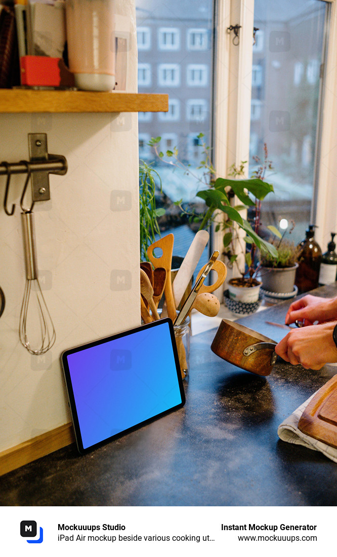 iPad Air mockup beside various cooking utensils