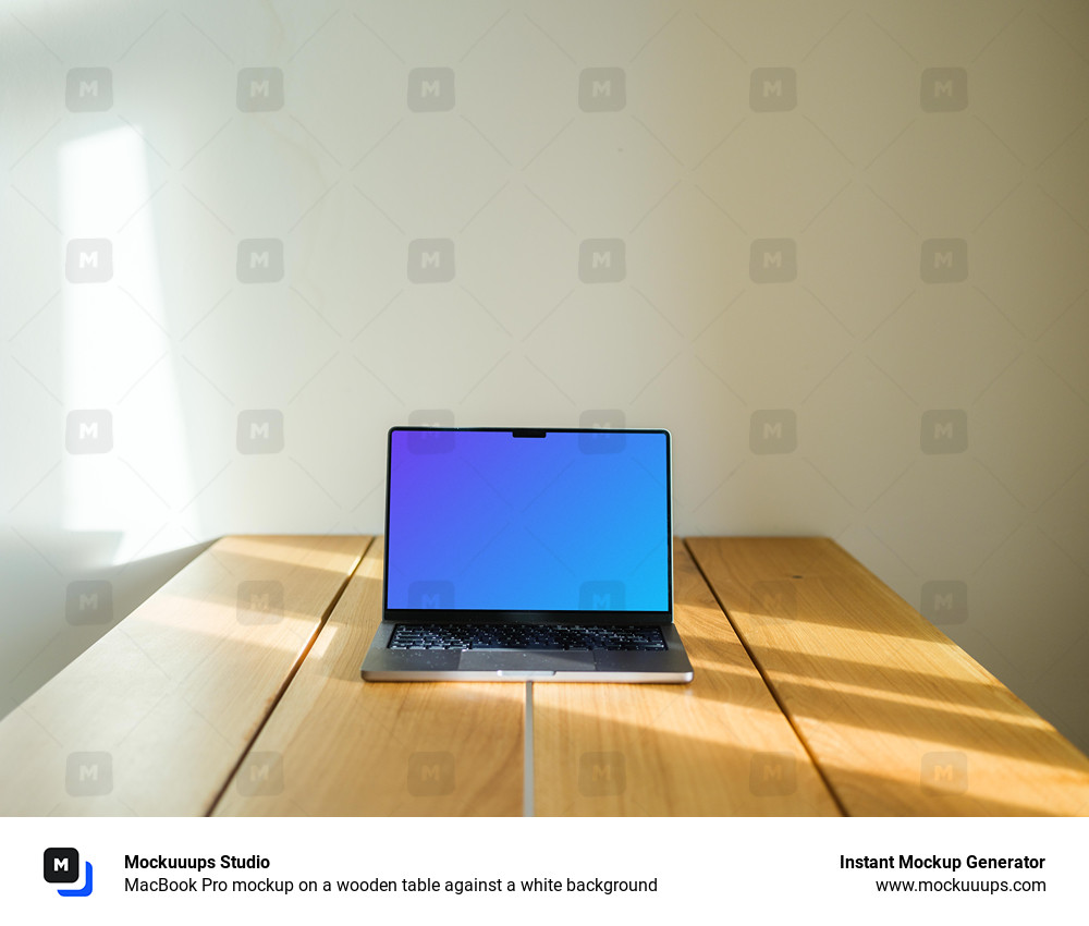 MacBook Pro mockup on a wooden table against a white background