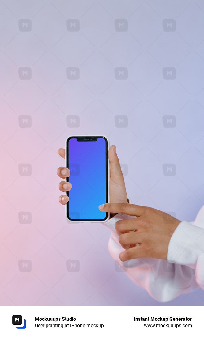 User pointing at iPhone mockup