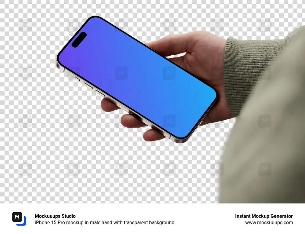 iPhone 15 Pro mockup in male hand with transparent background