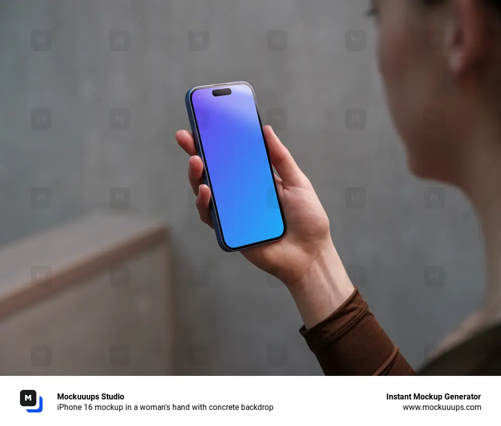 iPhone 16 mockup in a woman's hand with concrete backdrop