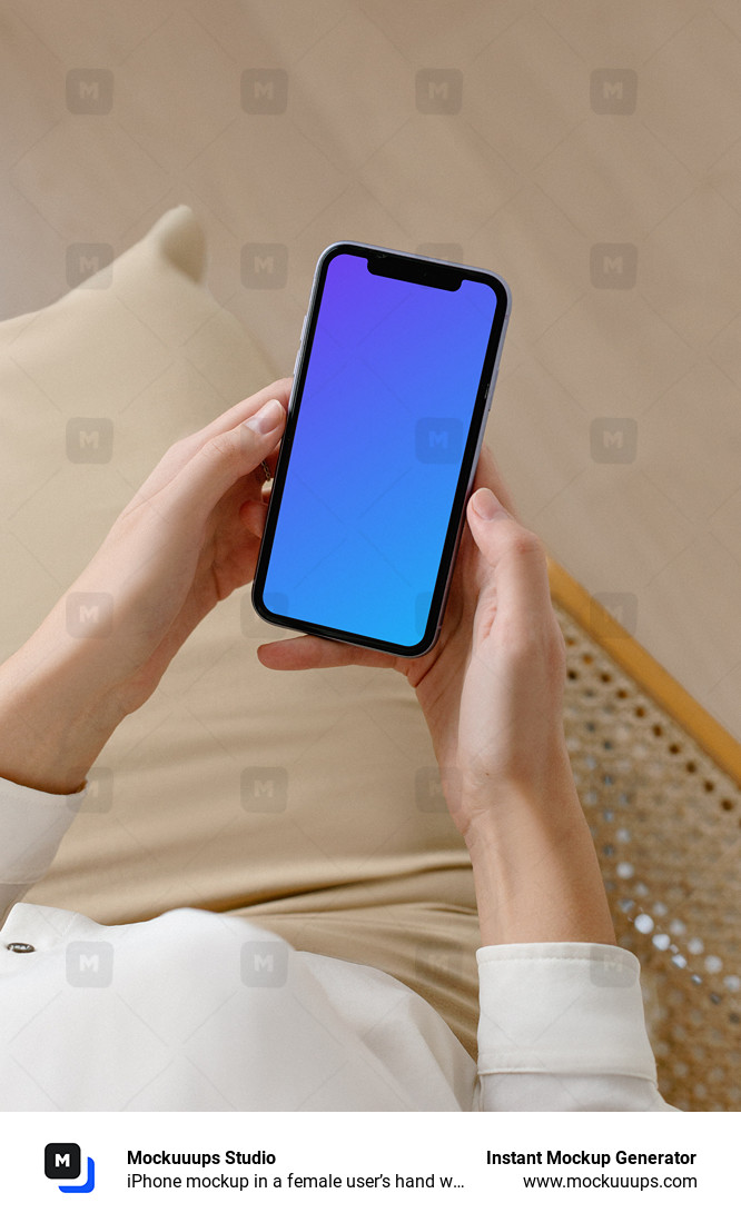 iPhone mockup in a female user’s hand wearing a skirt