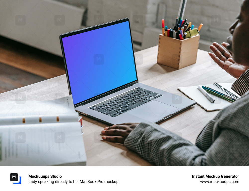 Lady speaking directly to her MacBook Pro mockup