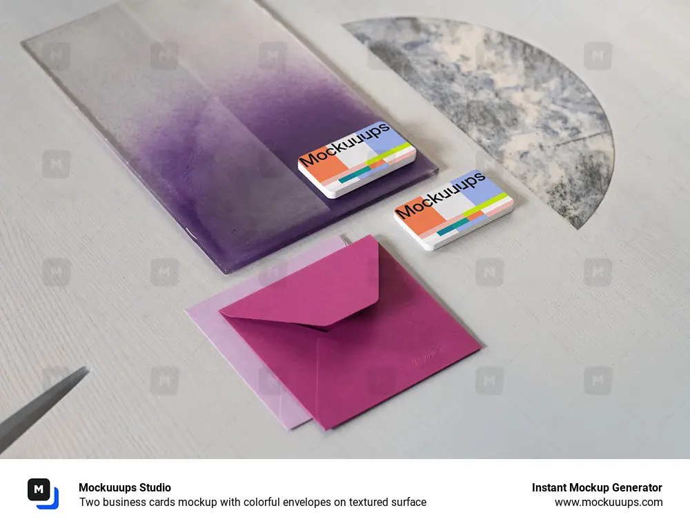 Two business cards mockup with colorful envelopes on textured surface