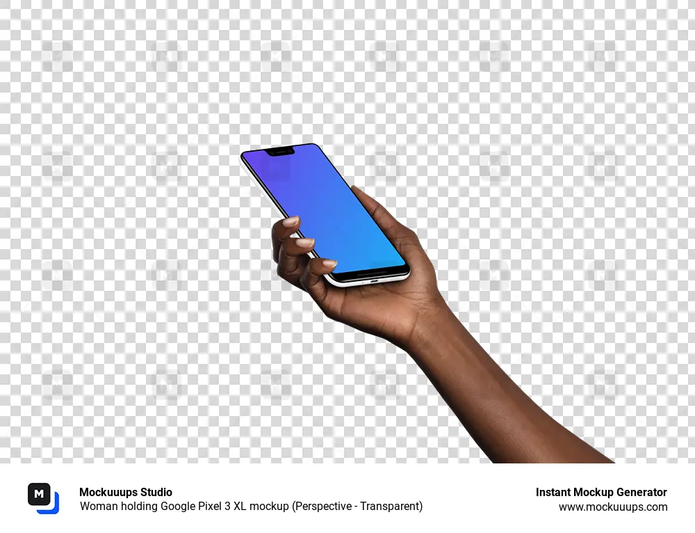 Woman holding Google Pixel 3 XL mockup (Perspective - Transparent)