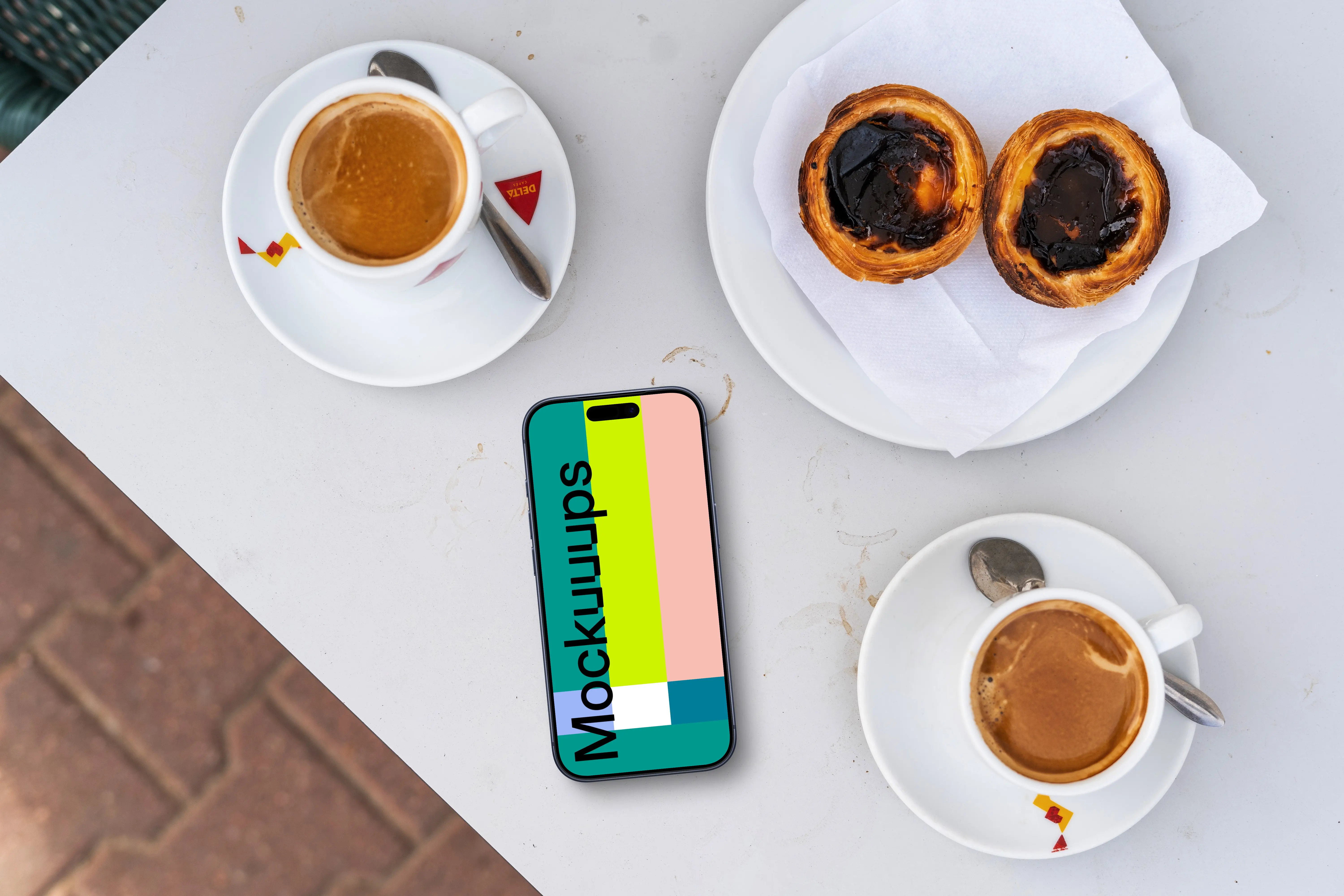 A smartphone mockup with coffees and snacks