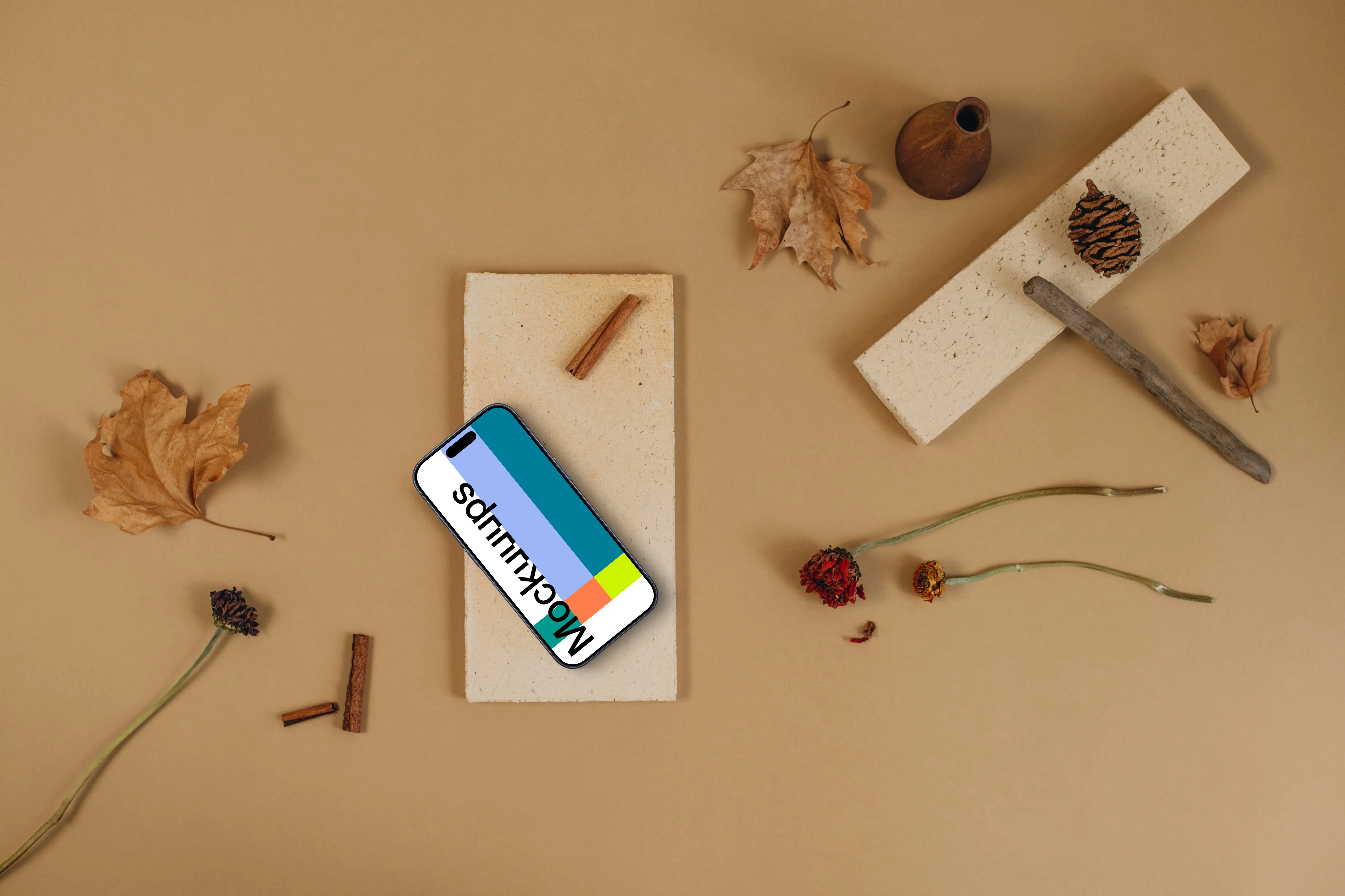 Autumn scene with smartphone mockup on the brick