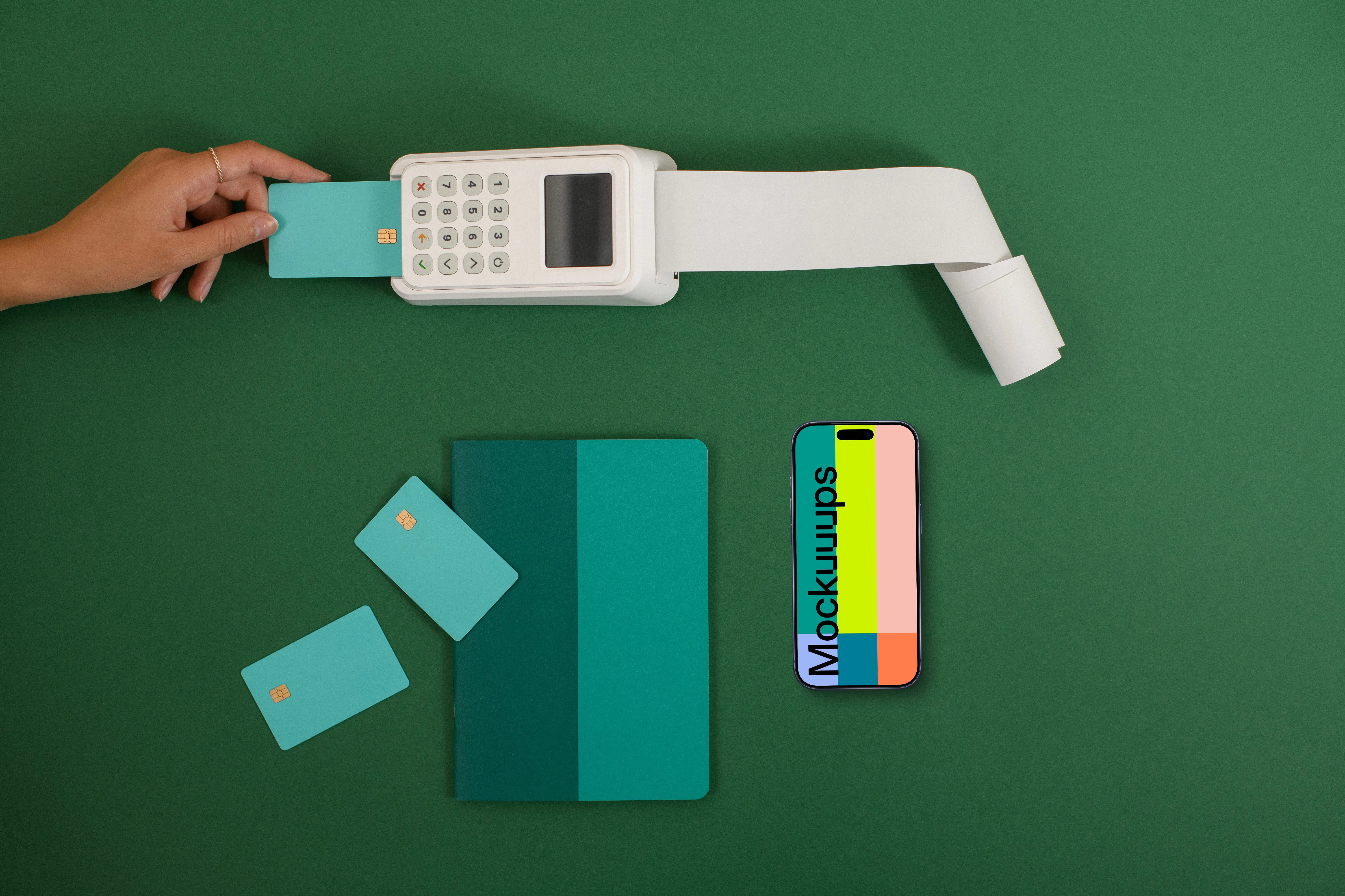 Card payment terminal and an iPhone mockup