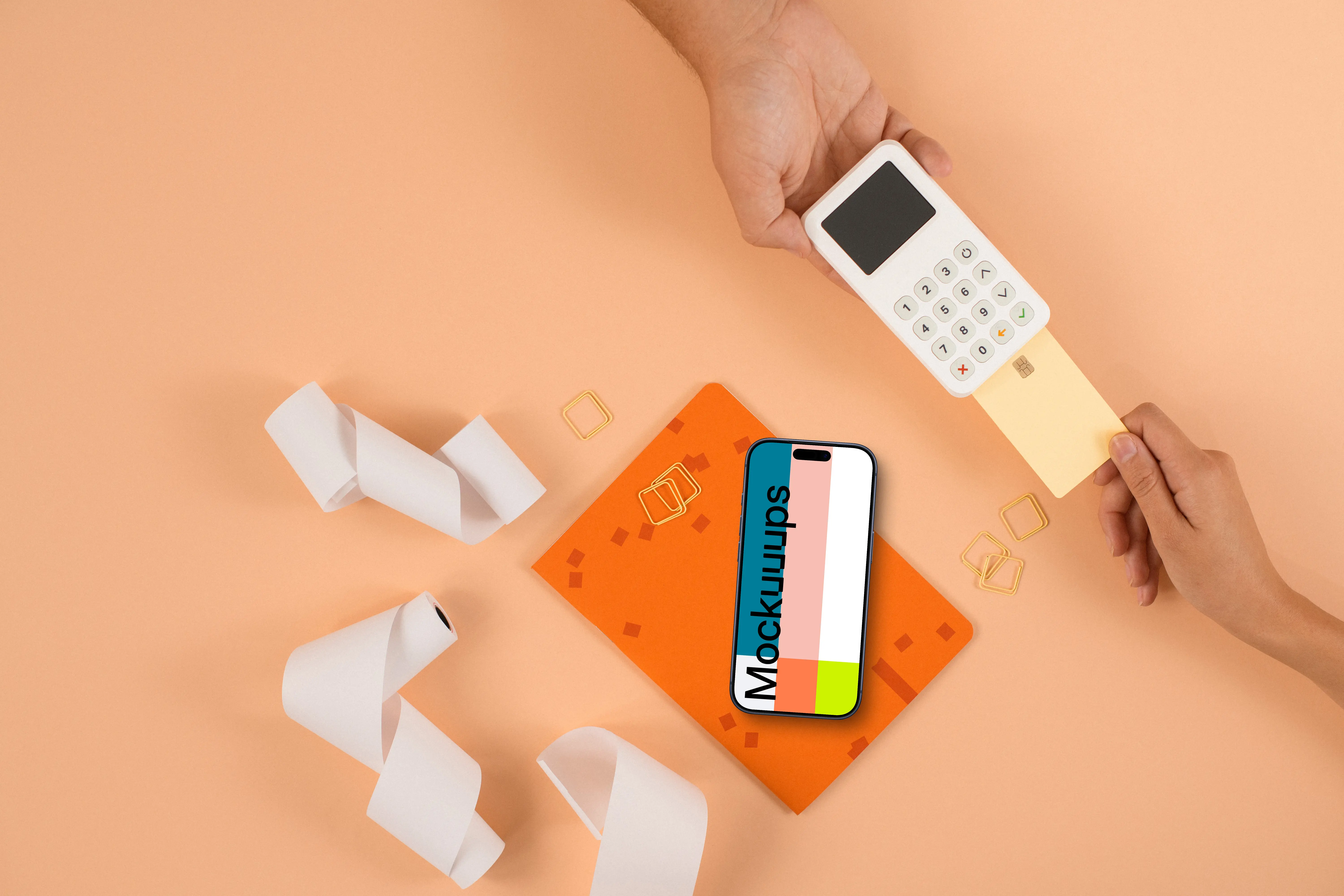 Card payment terminal with an iPhone mockup