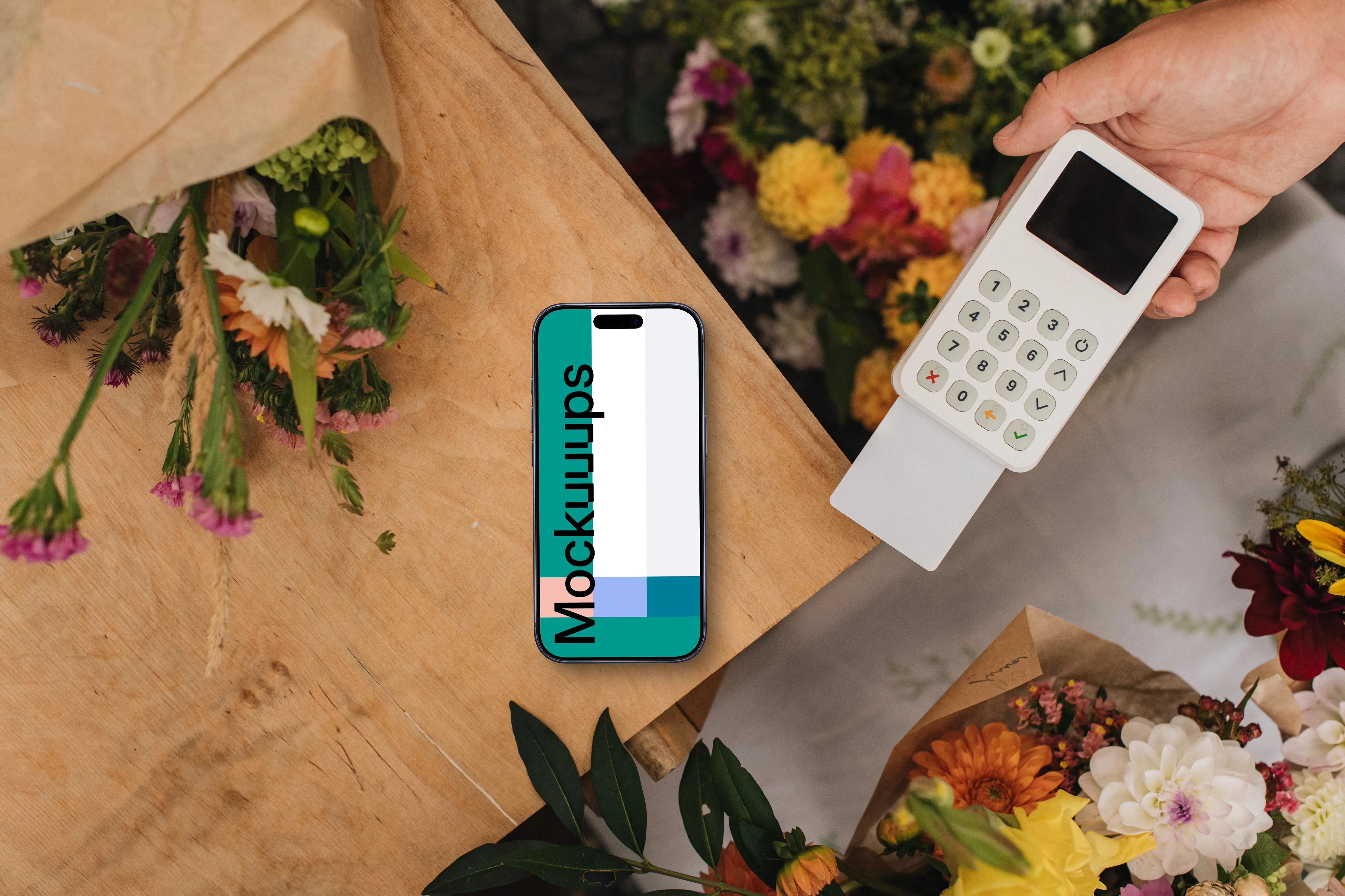 Card transaction in flower shop and an iPhone mockup