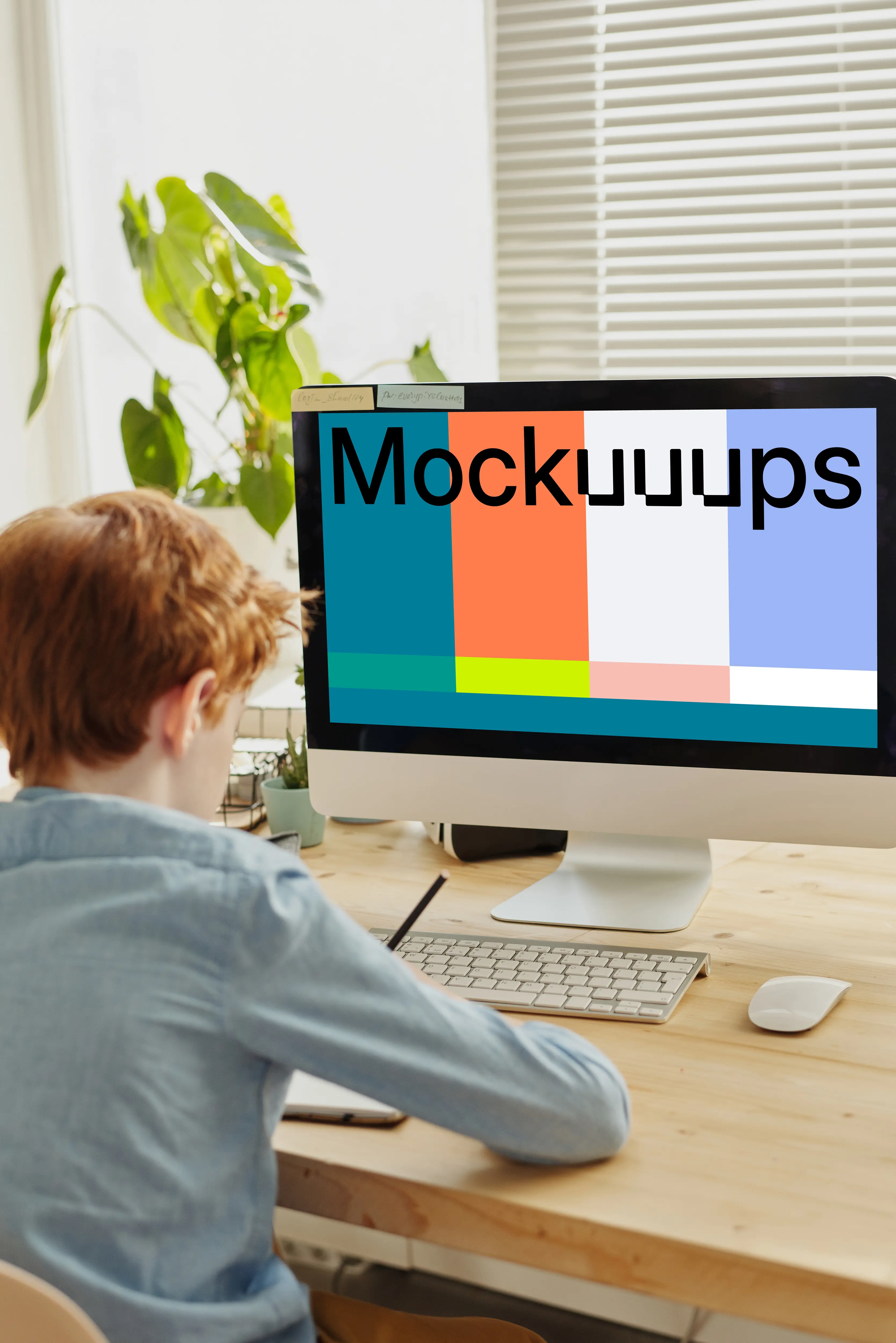 Child writing in front of an iMac mockup