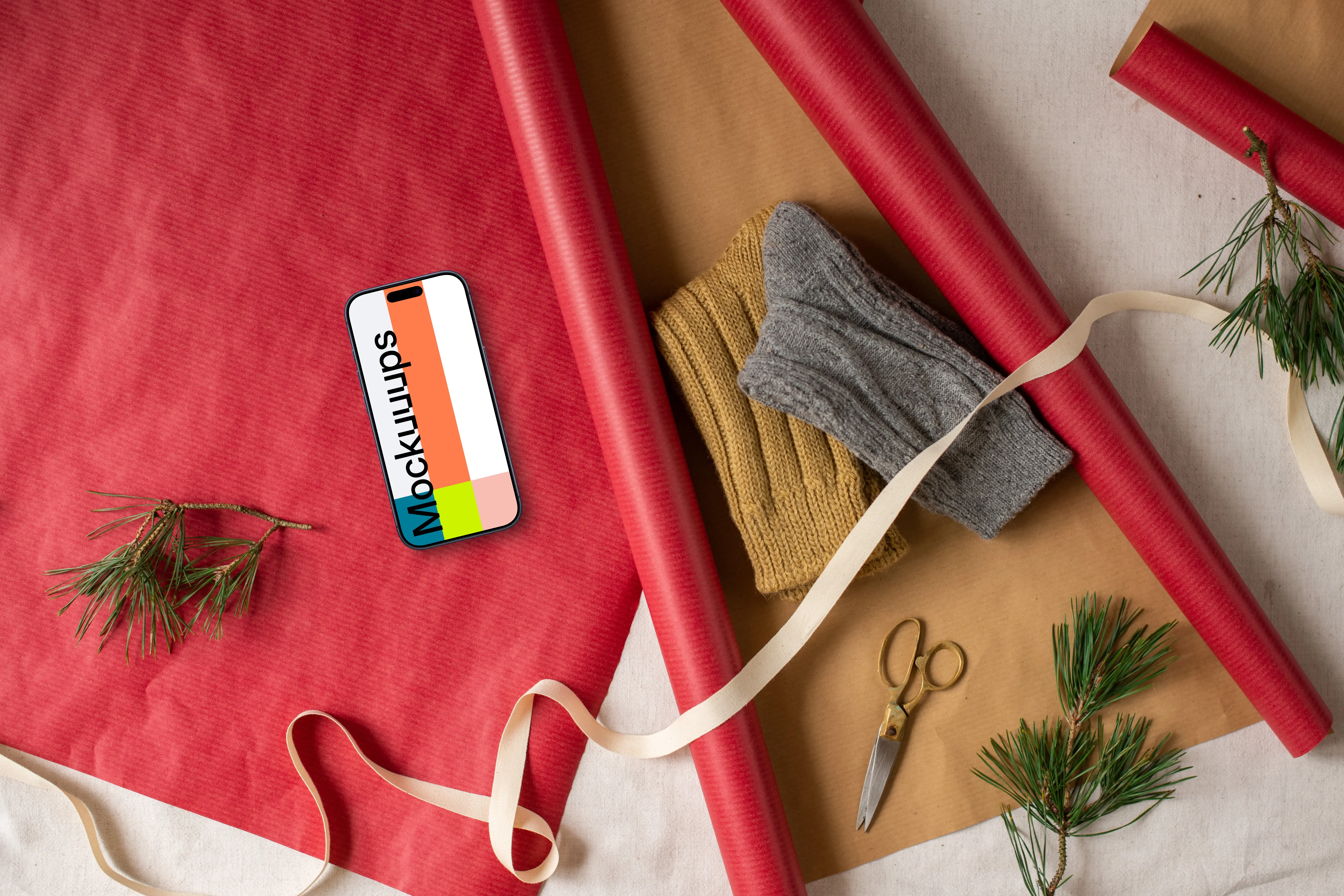 Christmas gift mockup with a phone