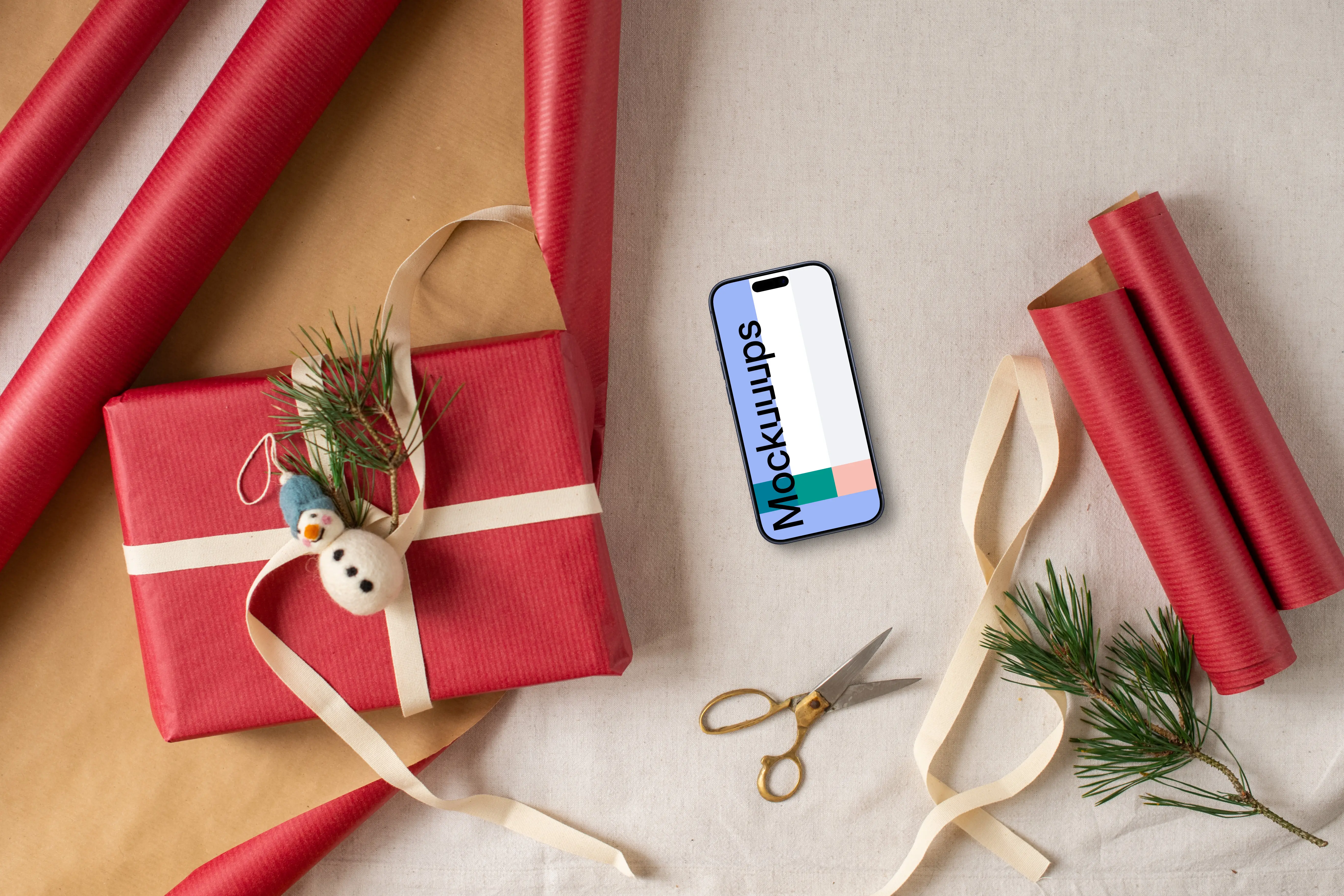Christmas gift mockup with a smartphone