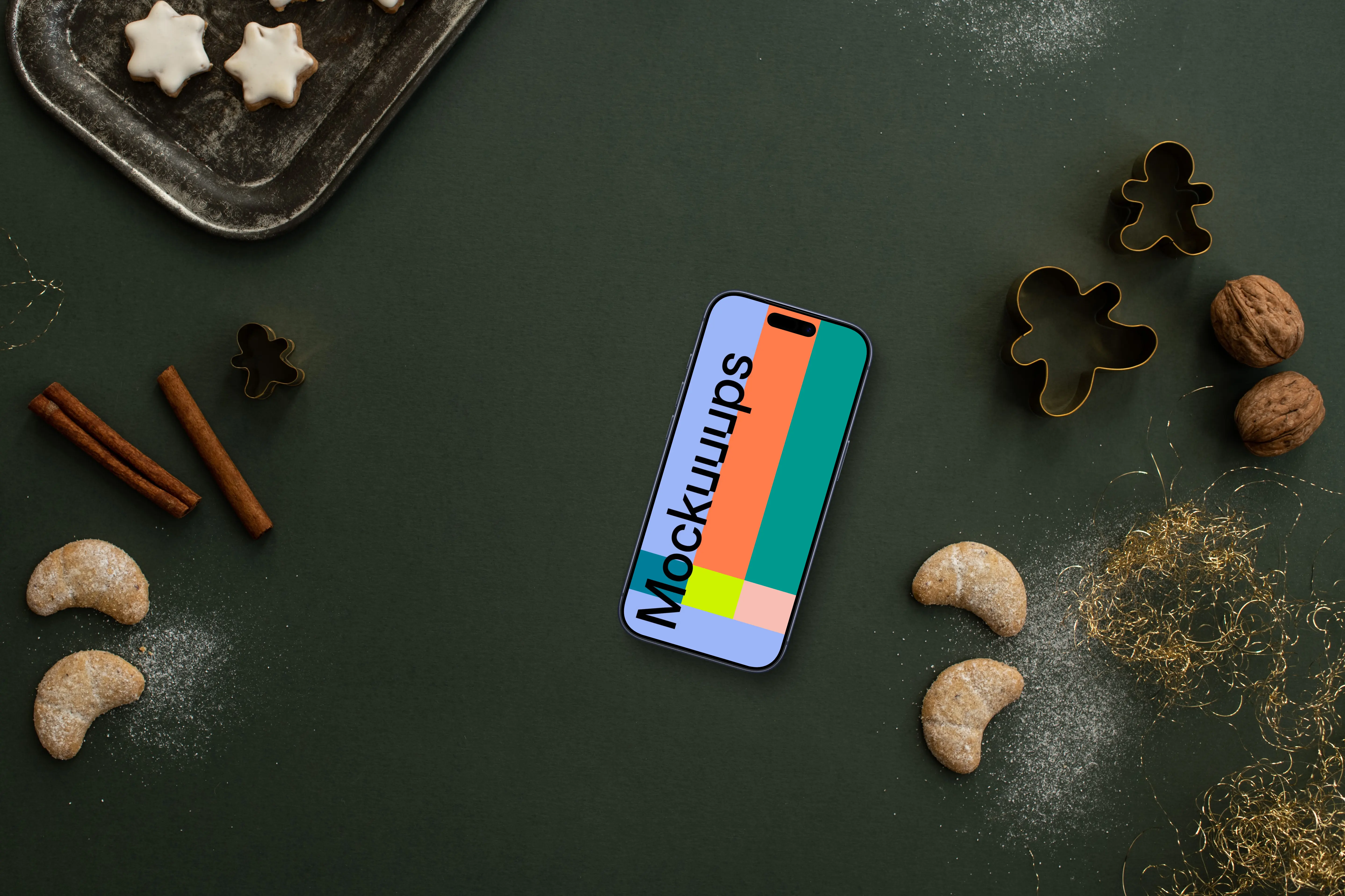 Christmas phone mockup on dark green background