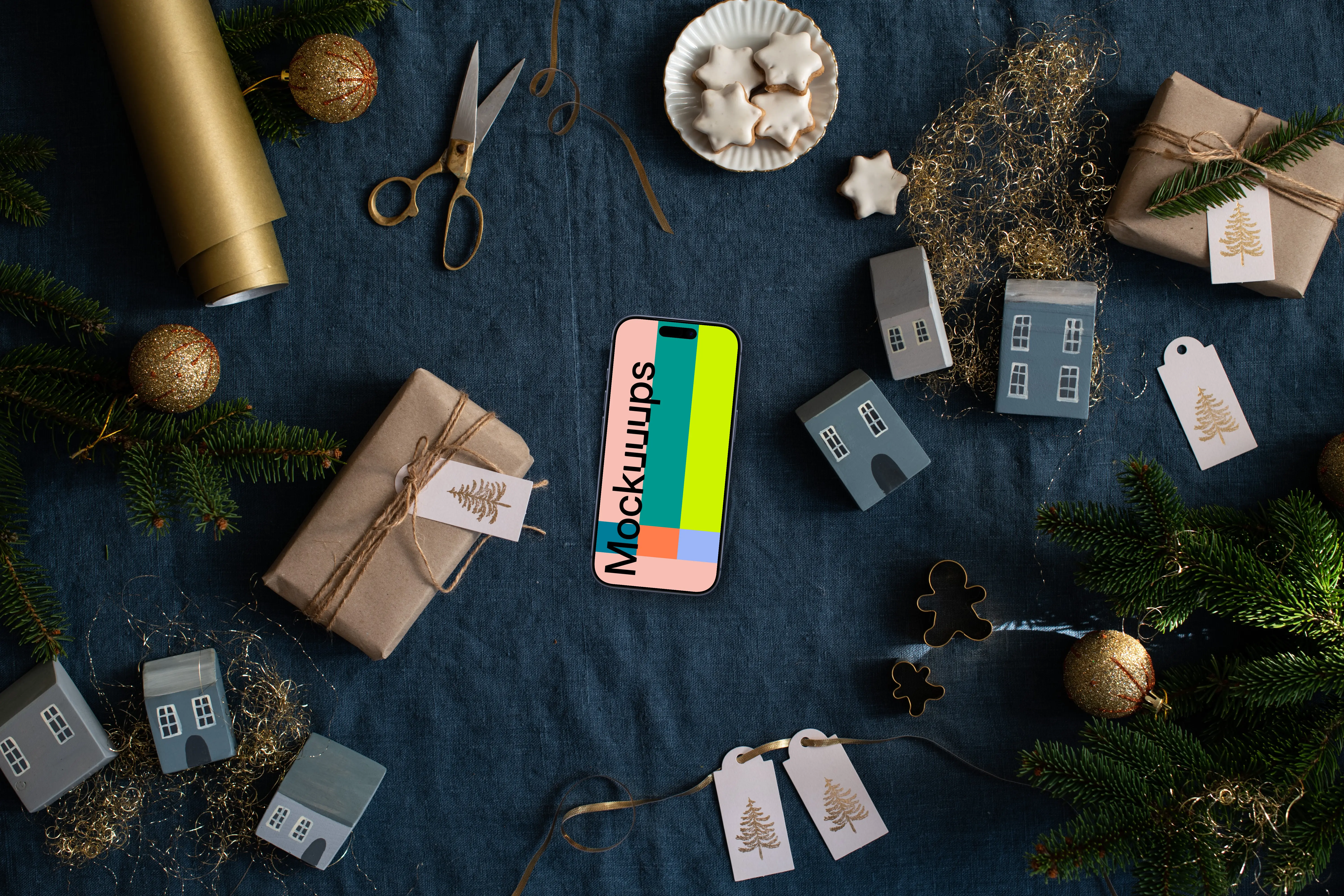 Christmas table with a smartphone mockup