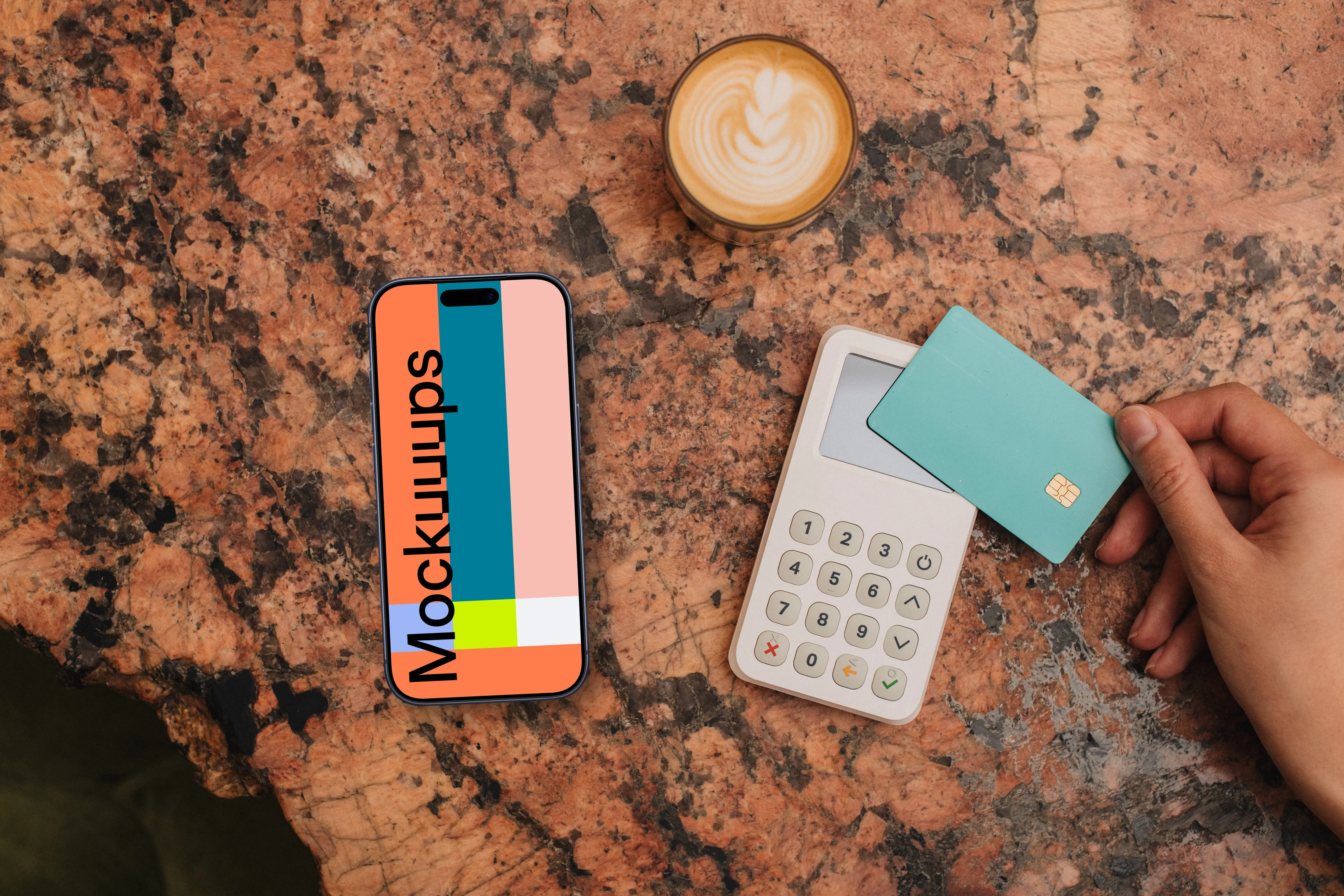 Coffee shop setting with iPhone mockup and contactless payment