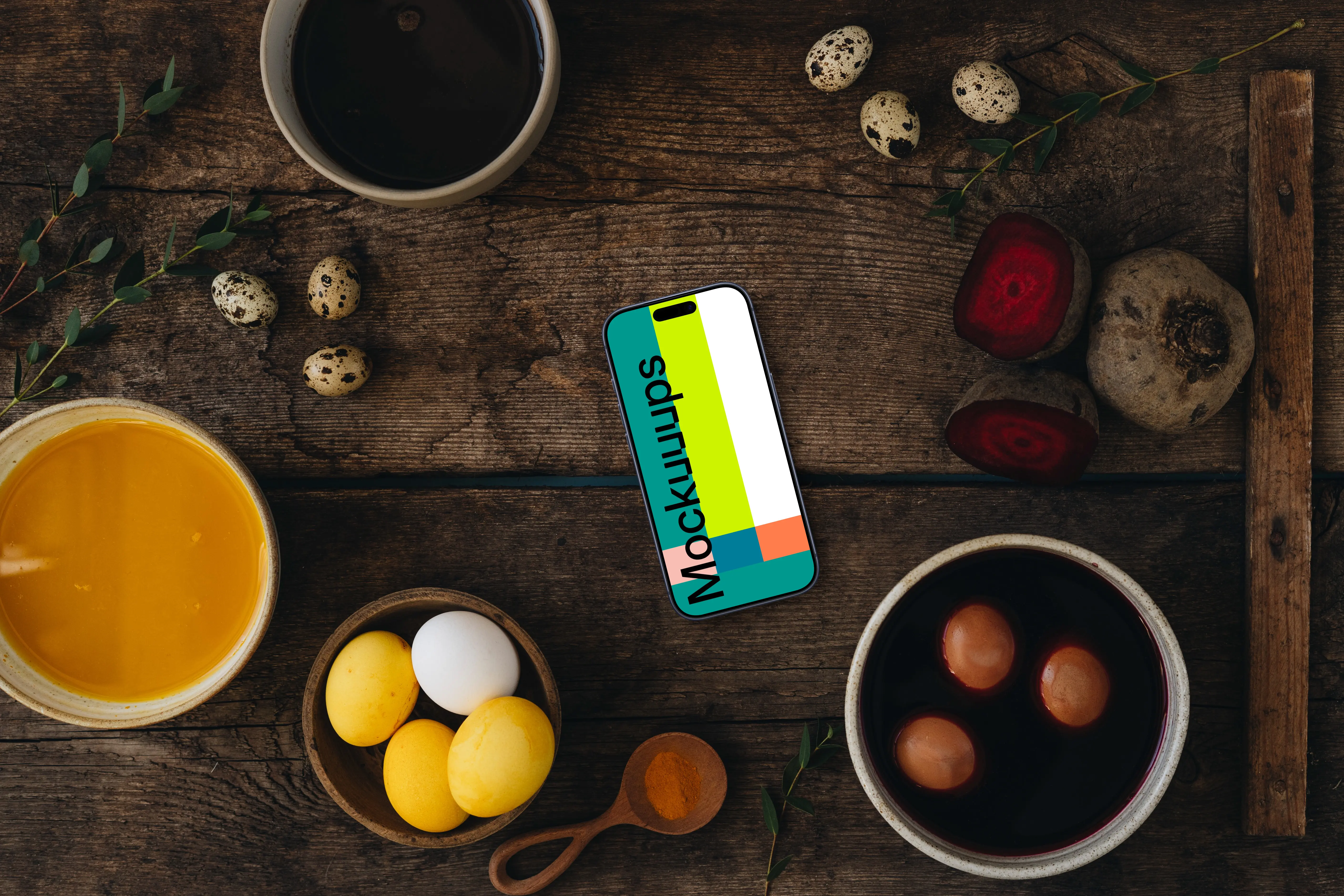 Coloring Easter eggs next to a smartphone mockup