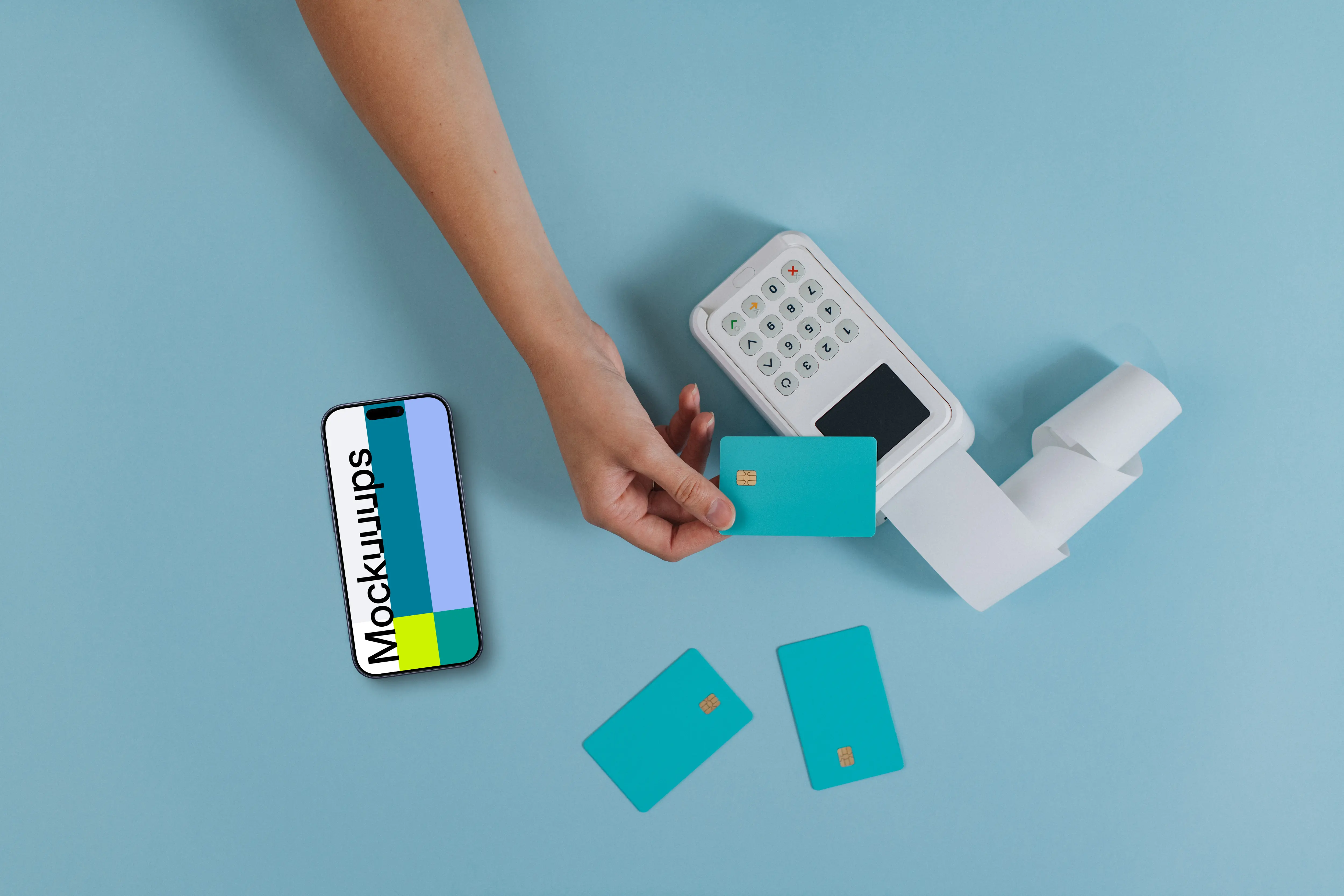 Contactless payment arranged iPhone mockup on blue background