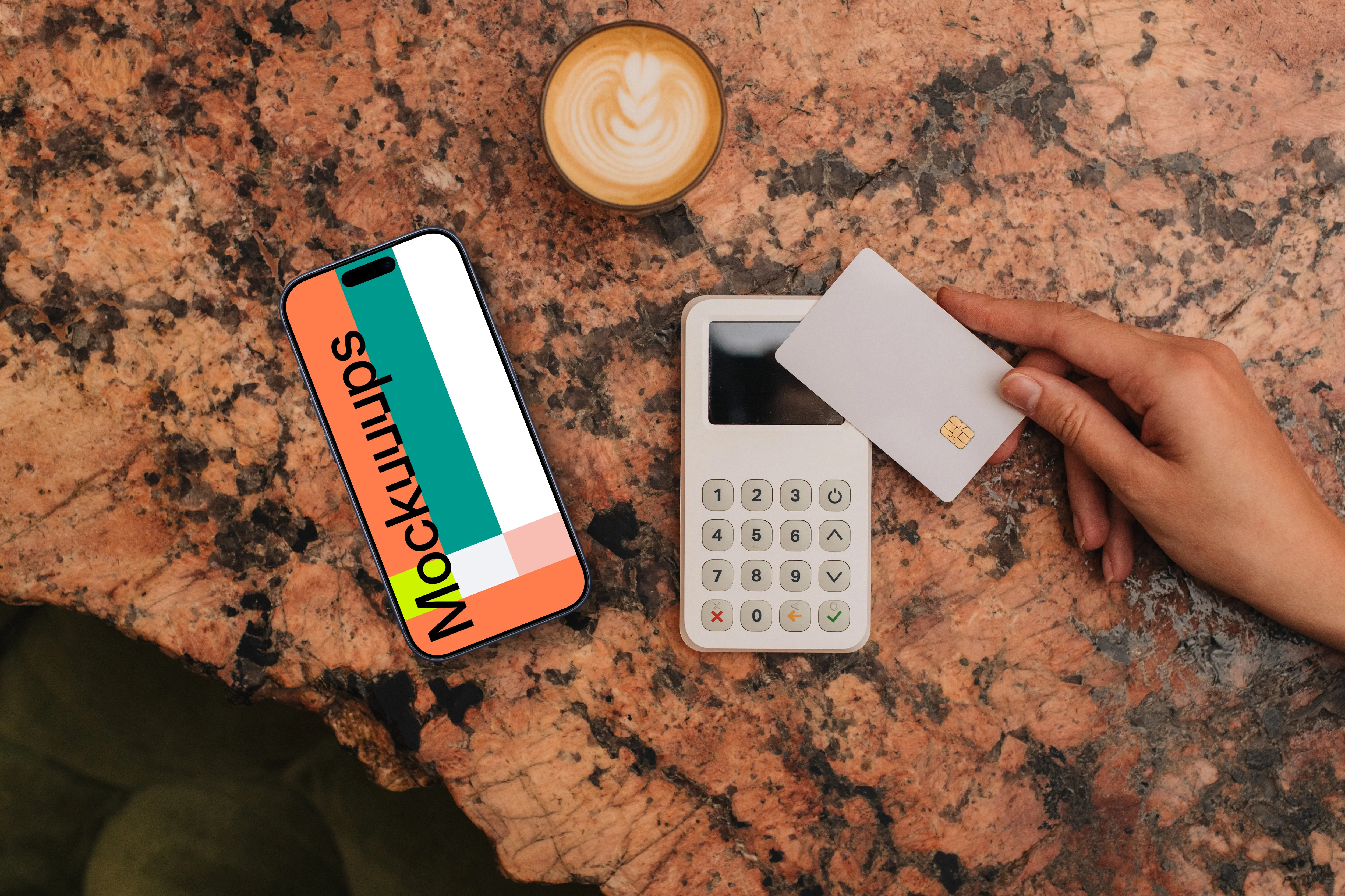 Cup of coffee, payment terminal and an iPhone mockup