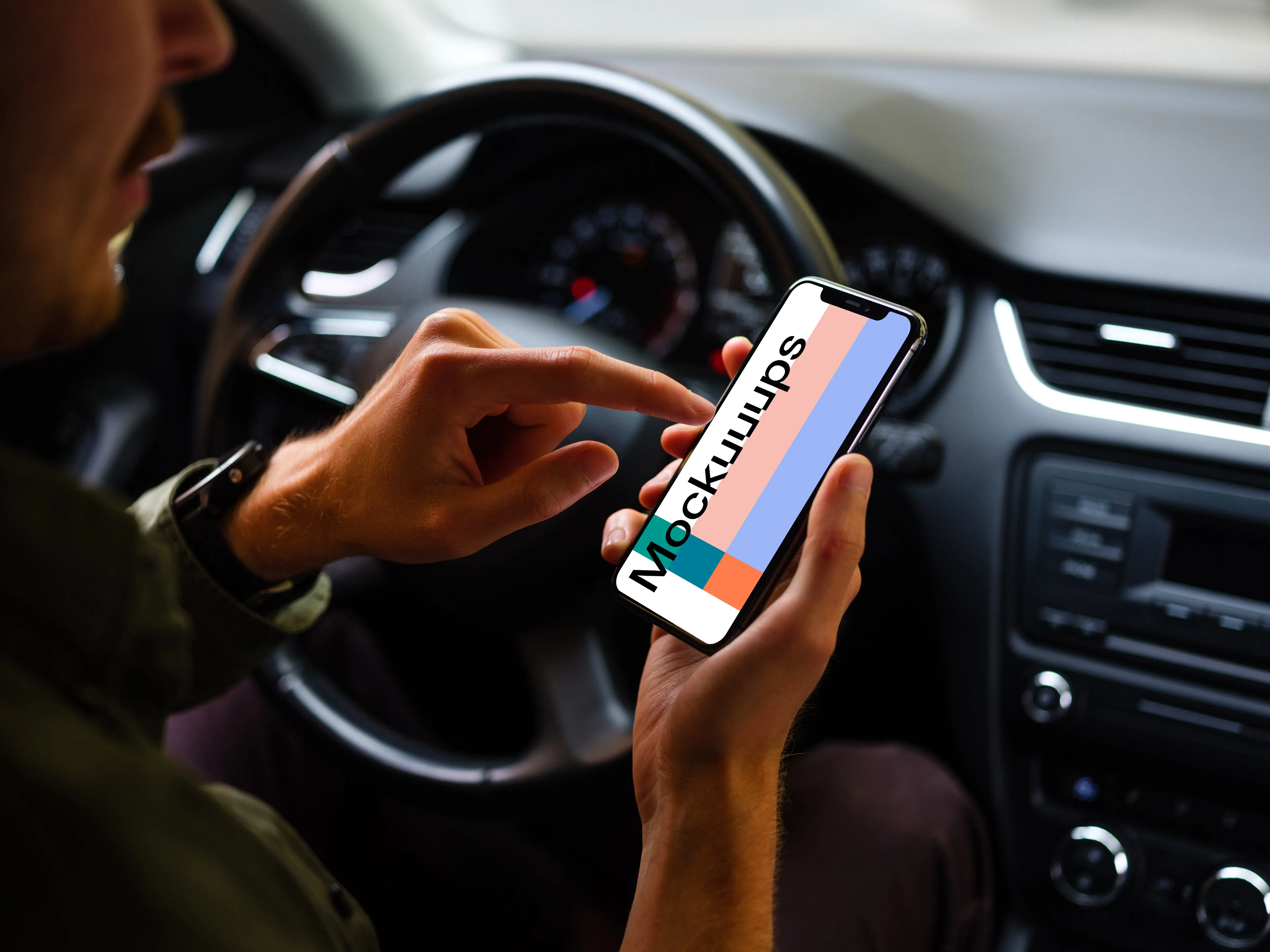 Driver using iPhone 11 mockup with both hands