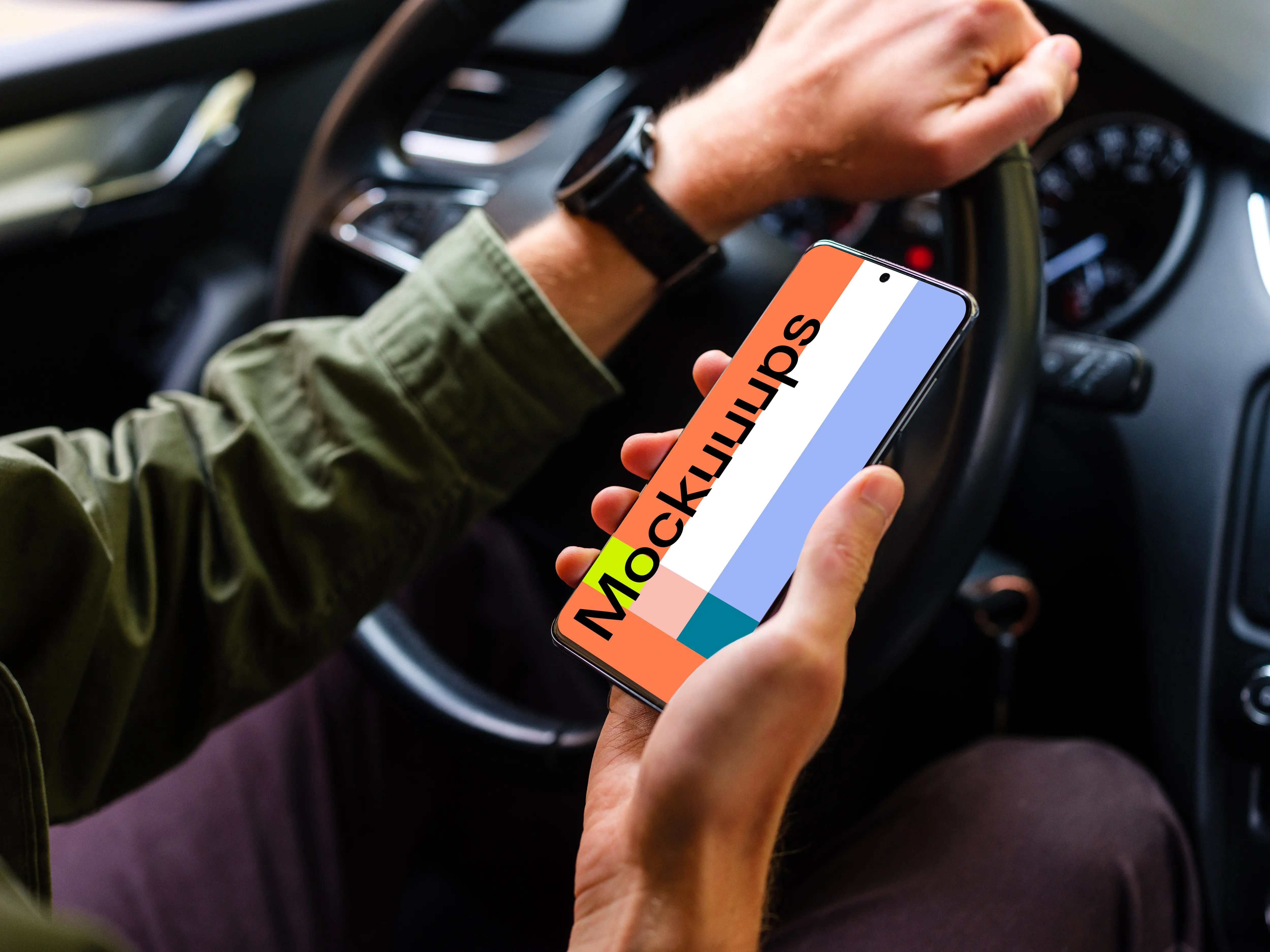 Driver viewing Samsung S20 mockup up-close in one hand