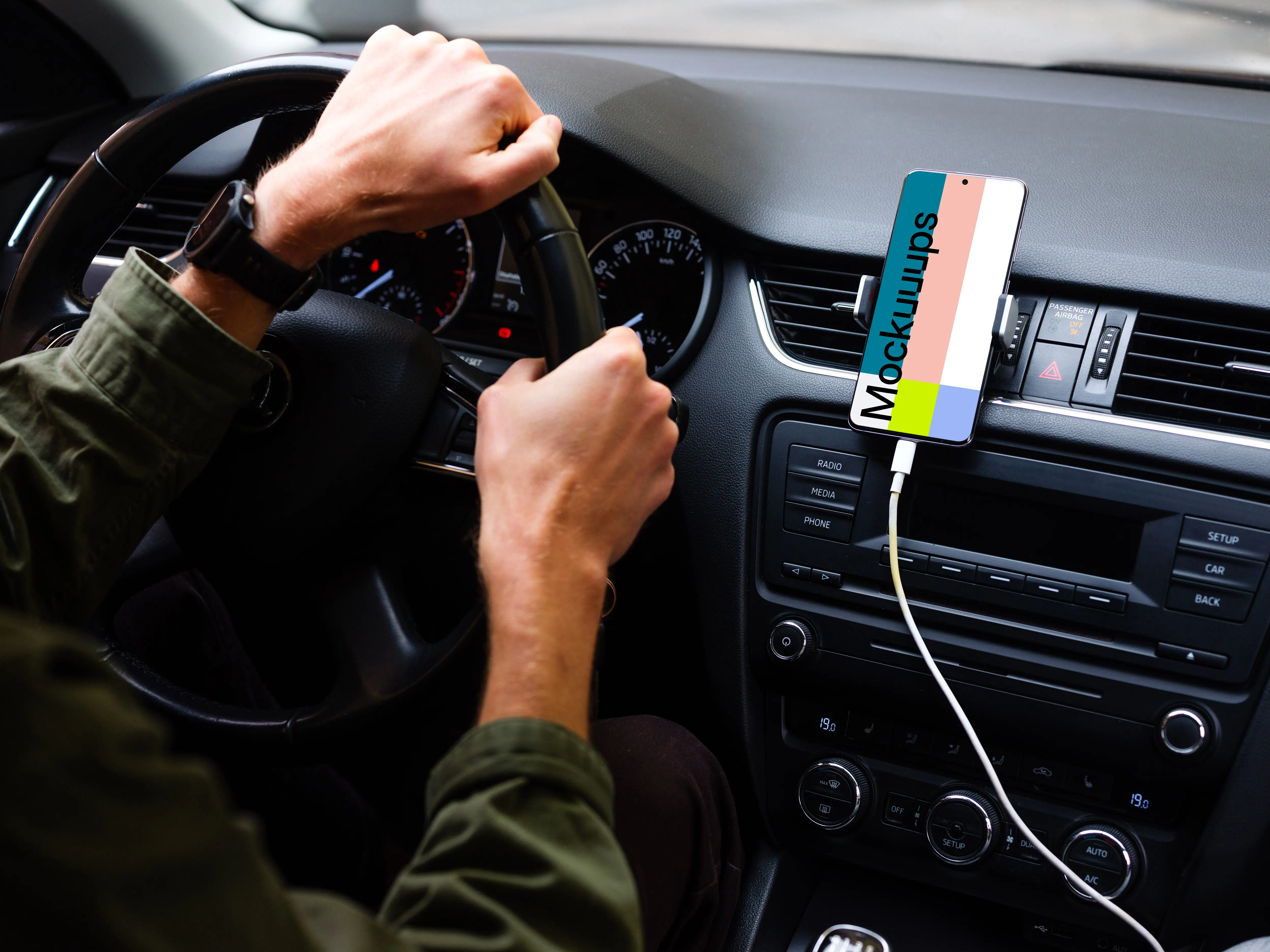 Driving a car with Samsung S20 mockup mounted for navigation