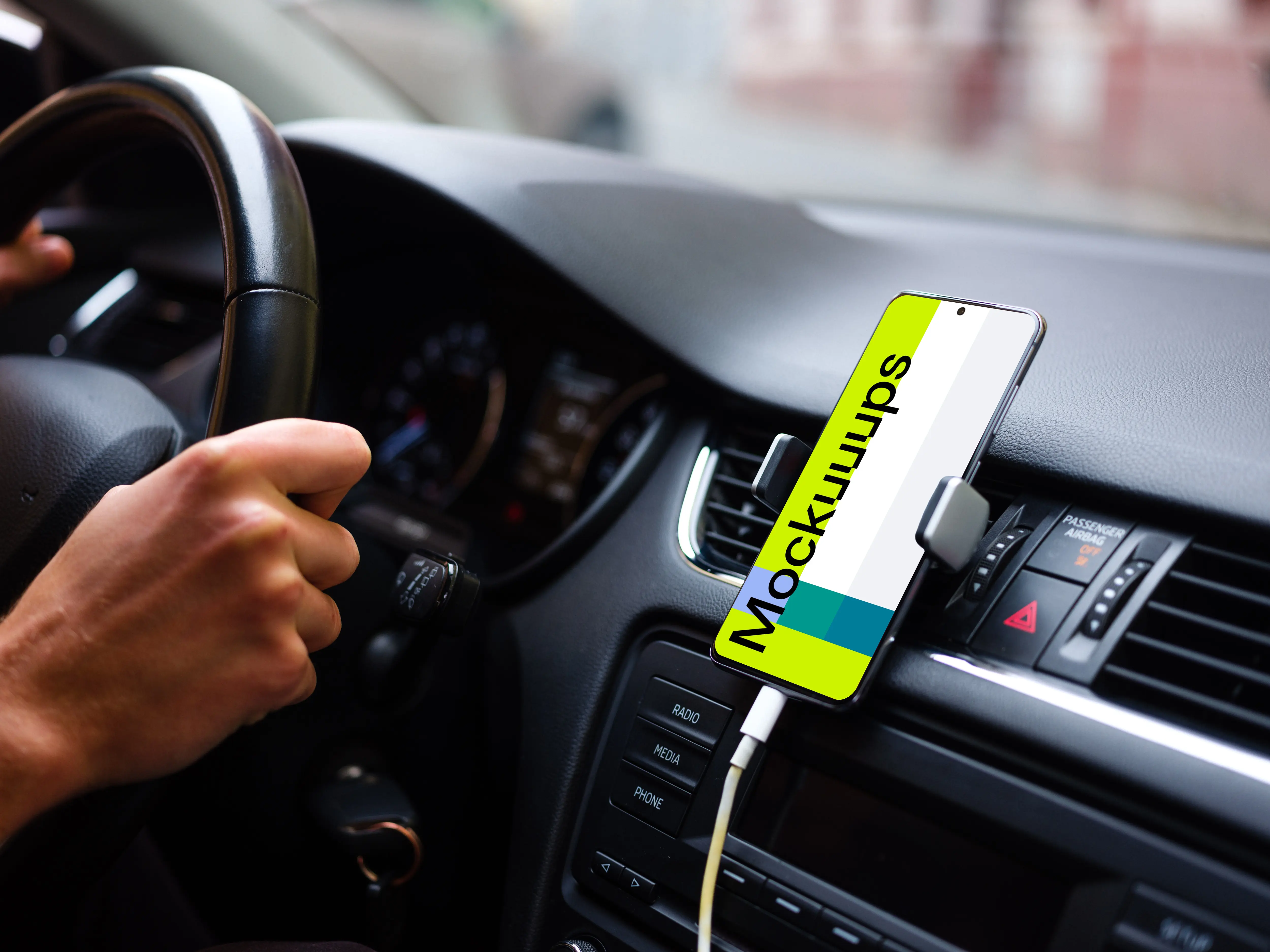 Driving a car with Samsung S20 mockup mounted in car cradle