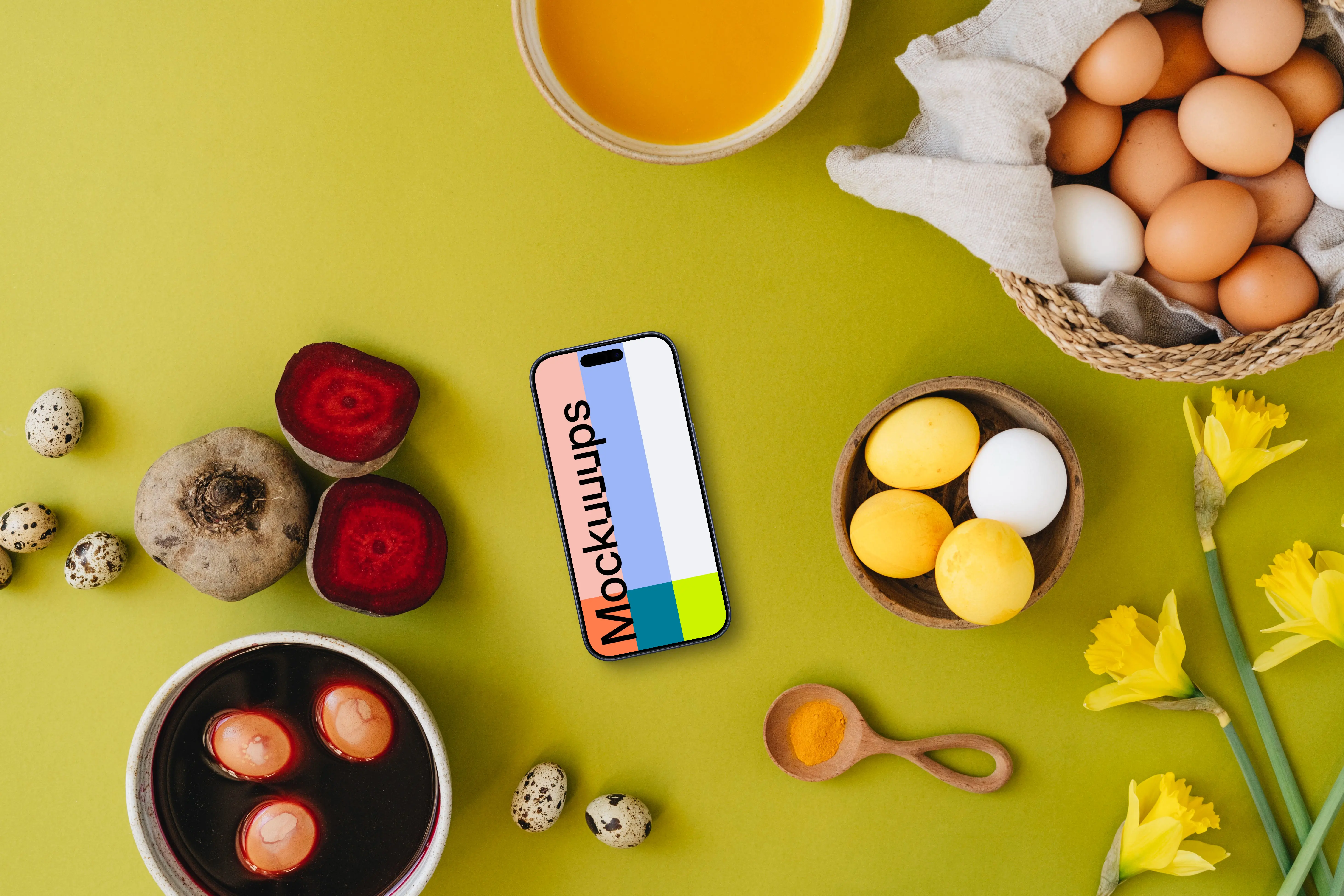 Easter eggs being colored around a smartphone mockup