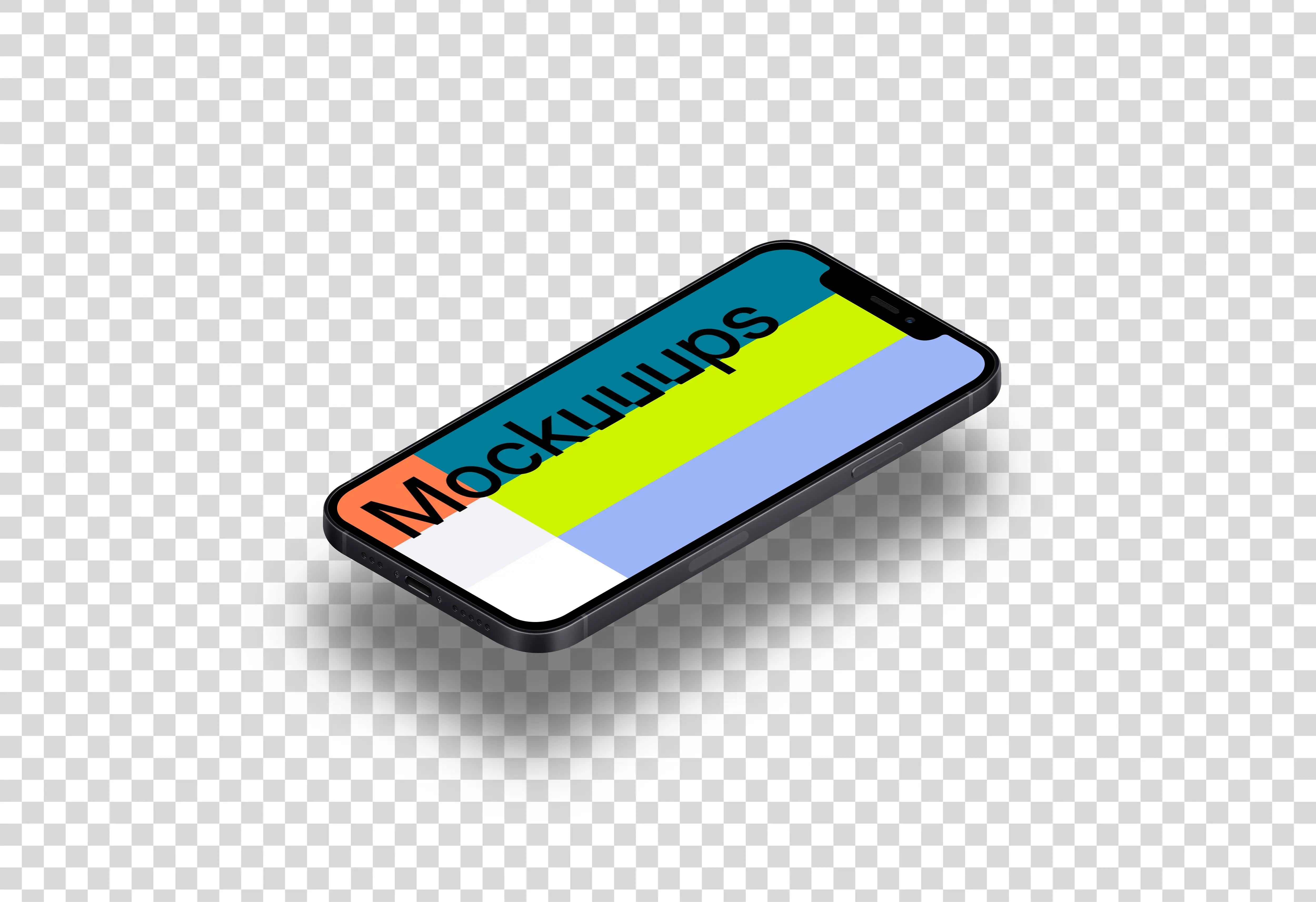 iPhone 12 Mockup (Isometric Floor Right - Floating Shadow)