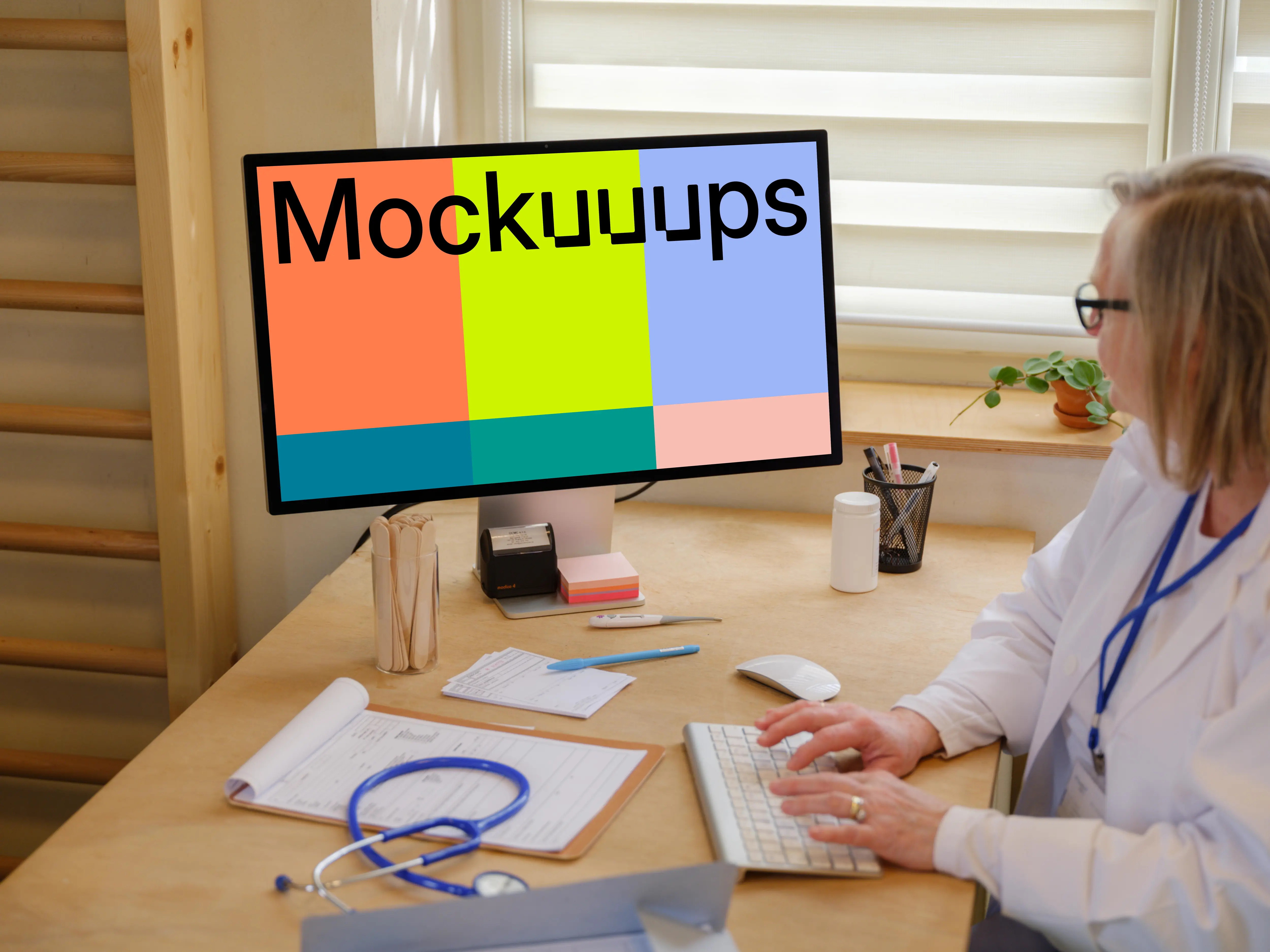 Female doctor typing on an Apple Studio Display
