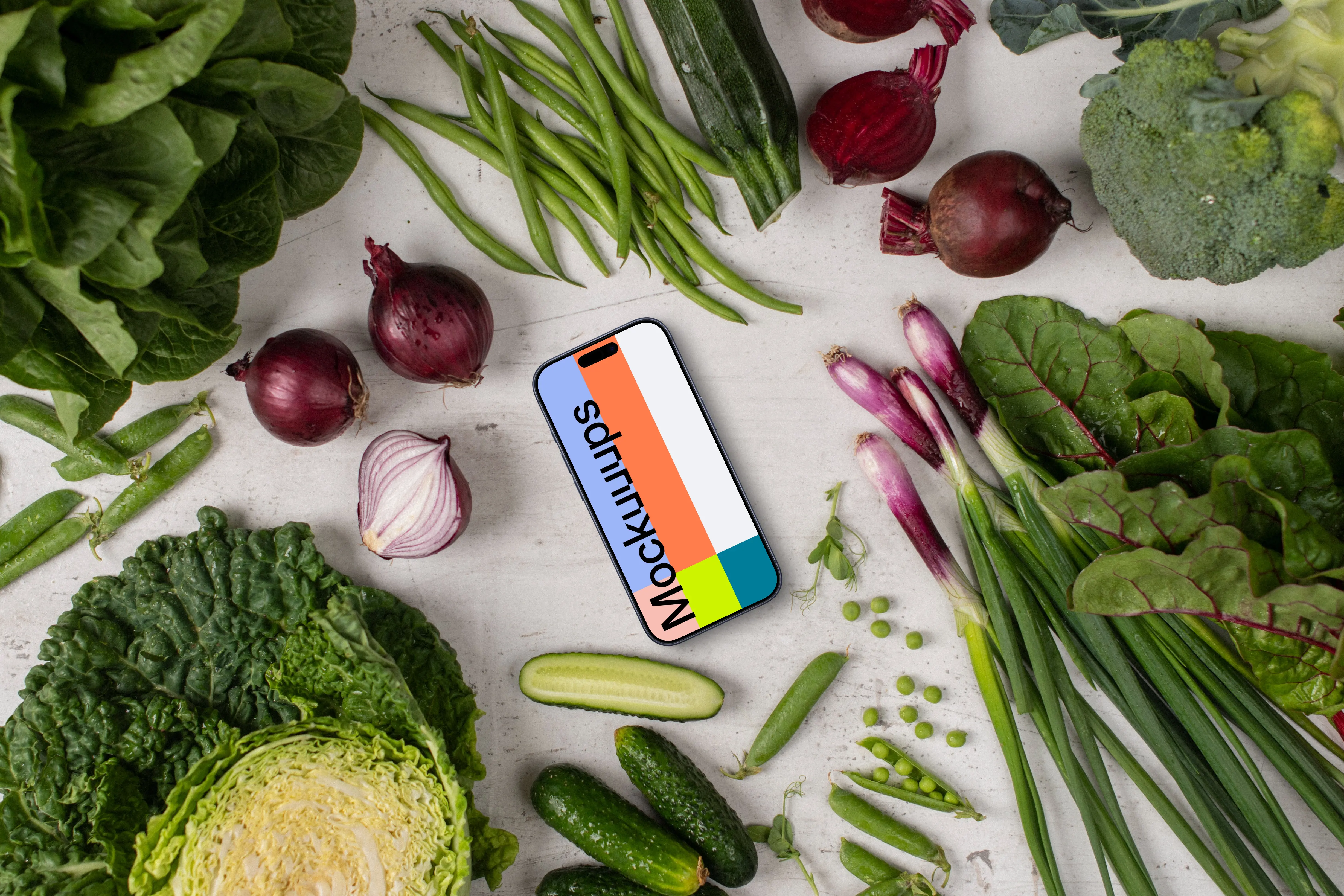 Fresh veggies around Smartphone mockup
