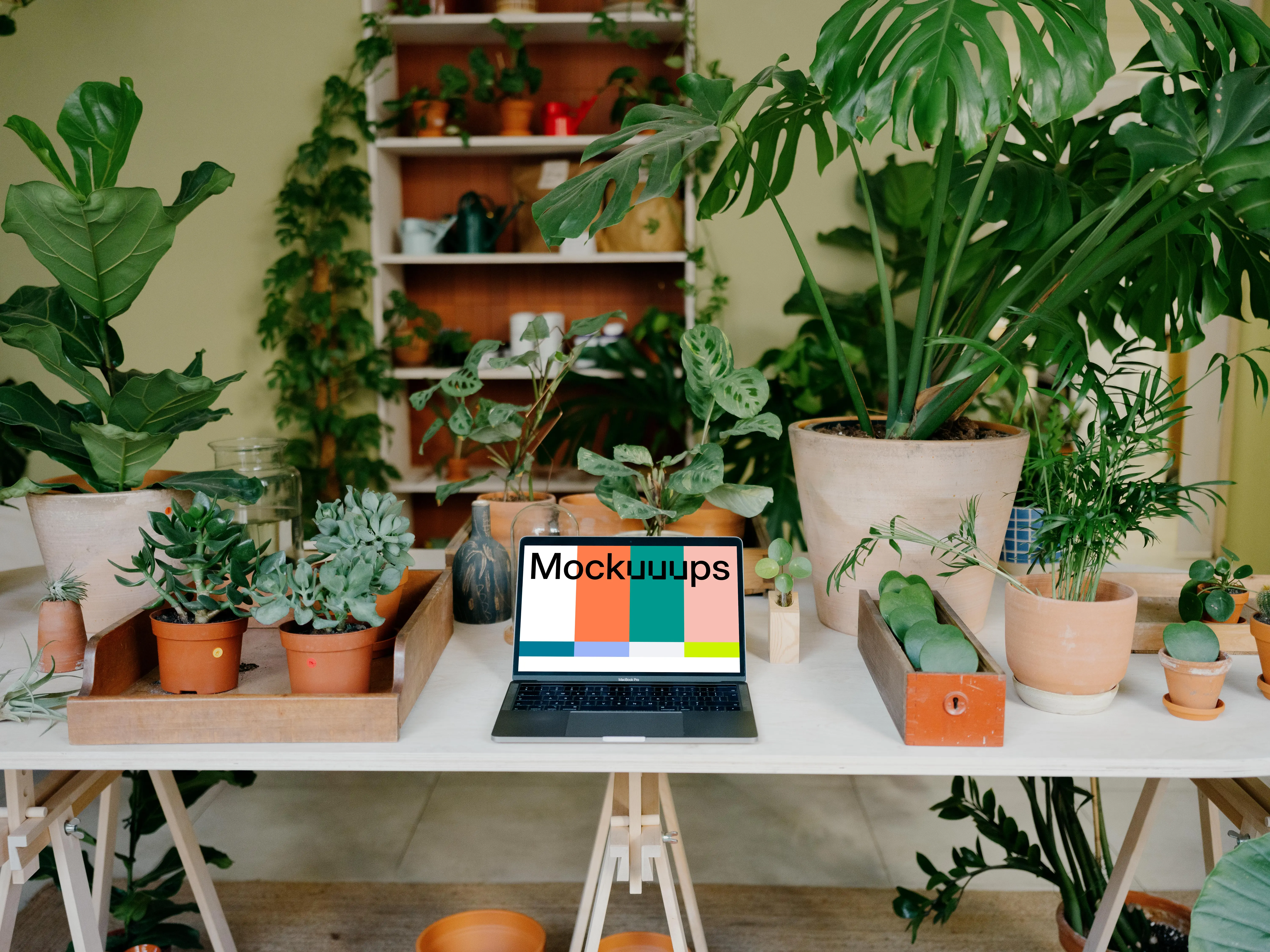 Grey MacBook Pro Mockup on a white table amidst potted plants
