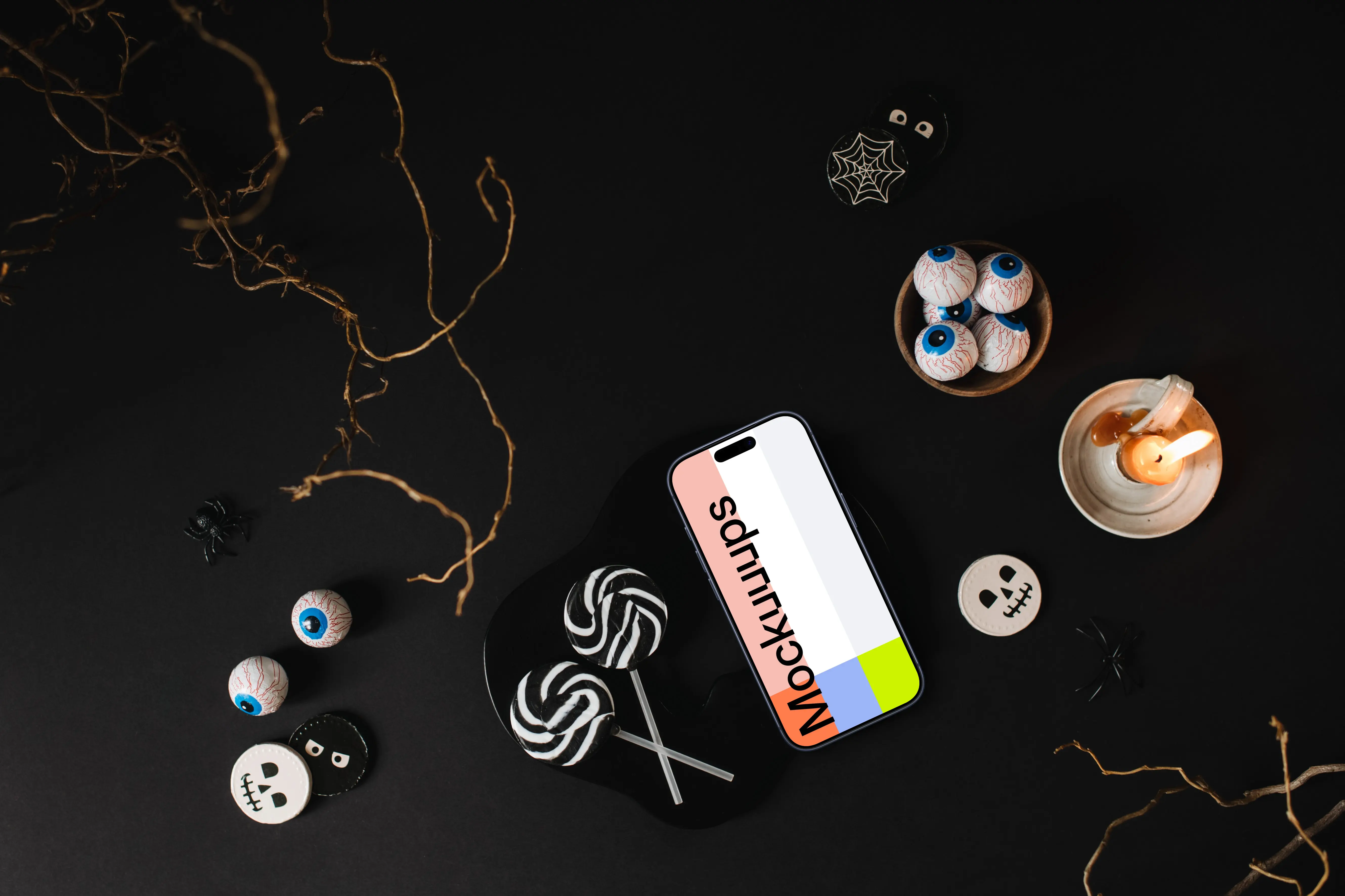 Halloween template with a smartphone mockup on the dark background