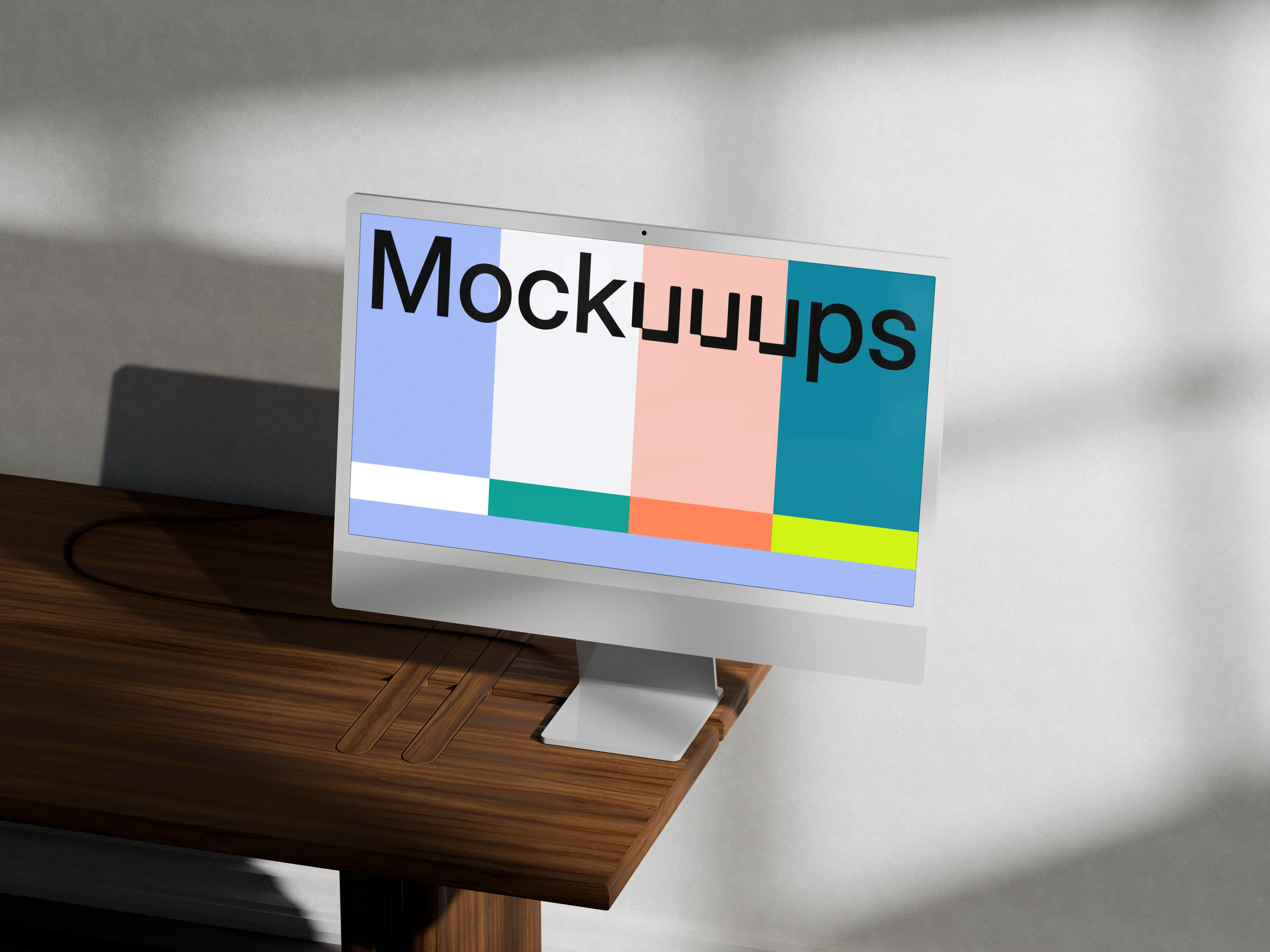 iMac mockup on a wooden desk in sunlight