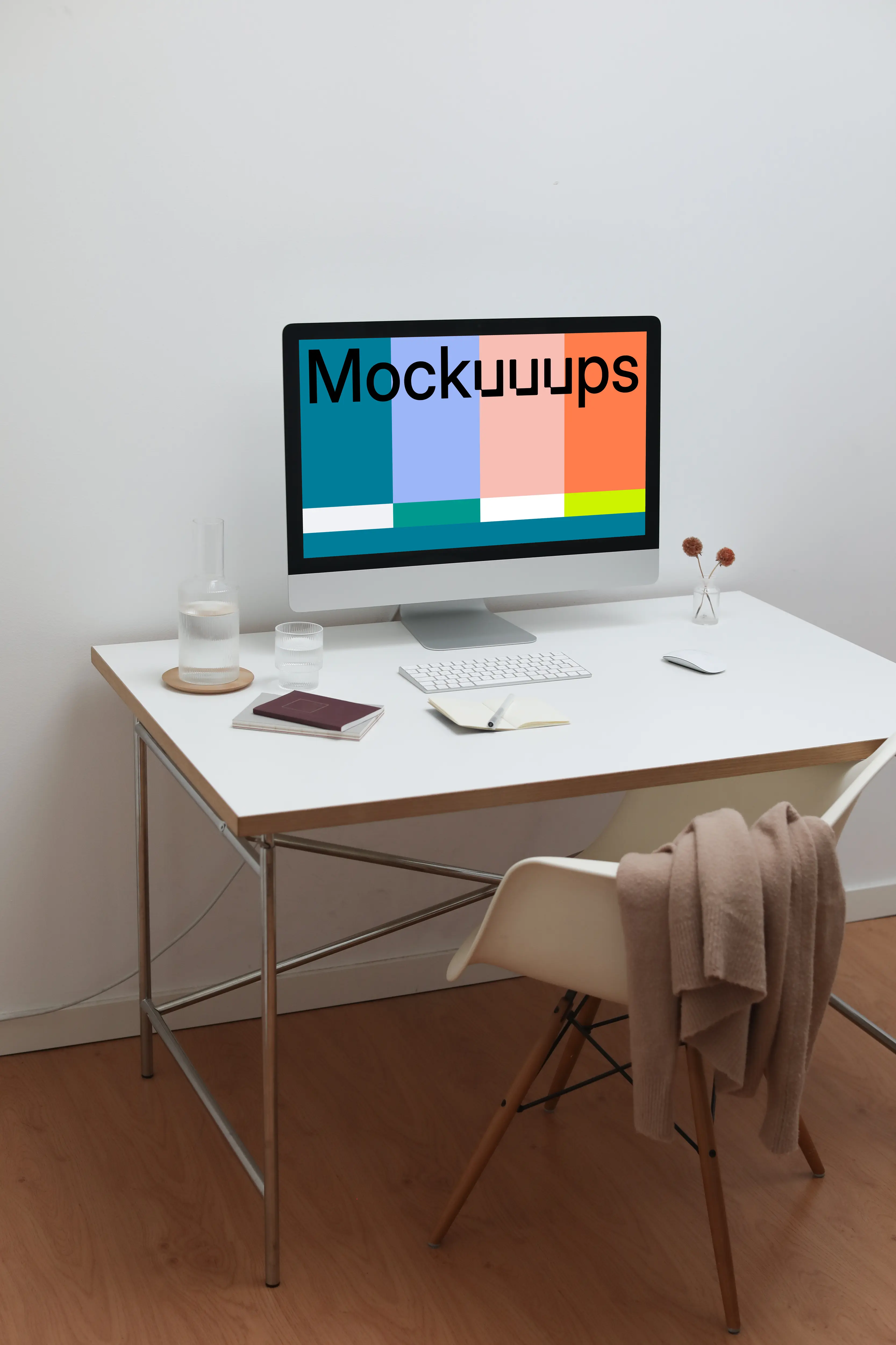 iMac mockup workspace setup with desk and chair