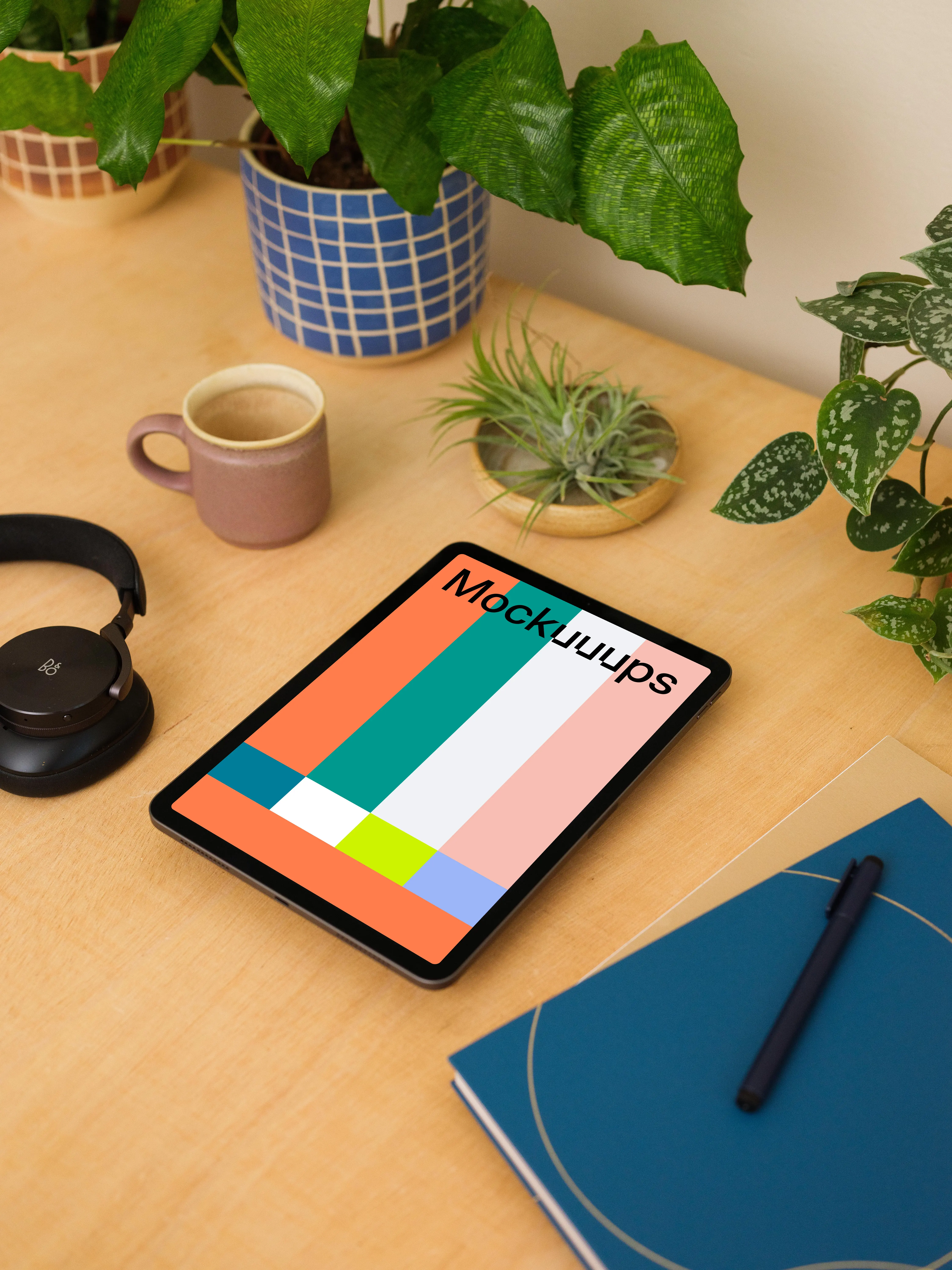 iPad Air mockup on a light brown table.