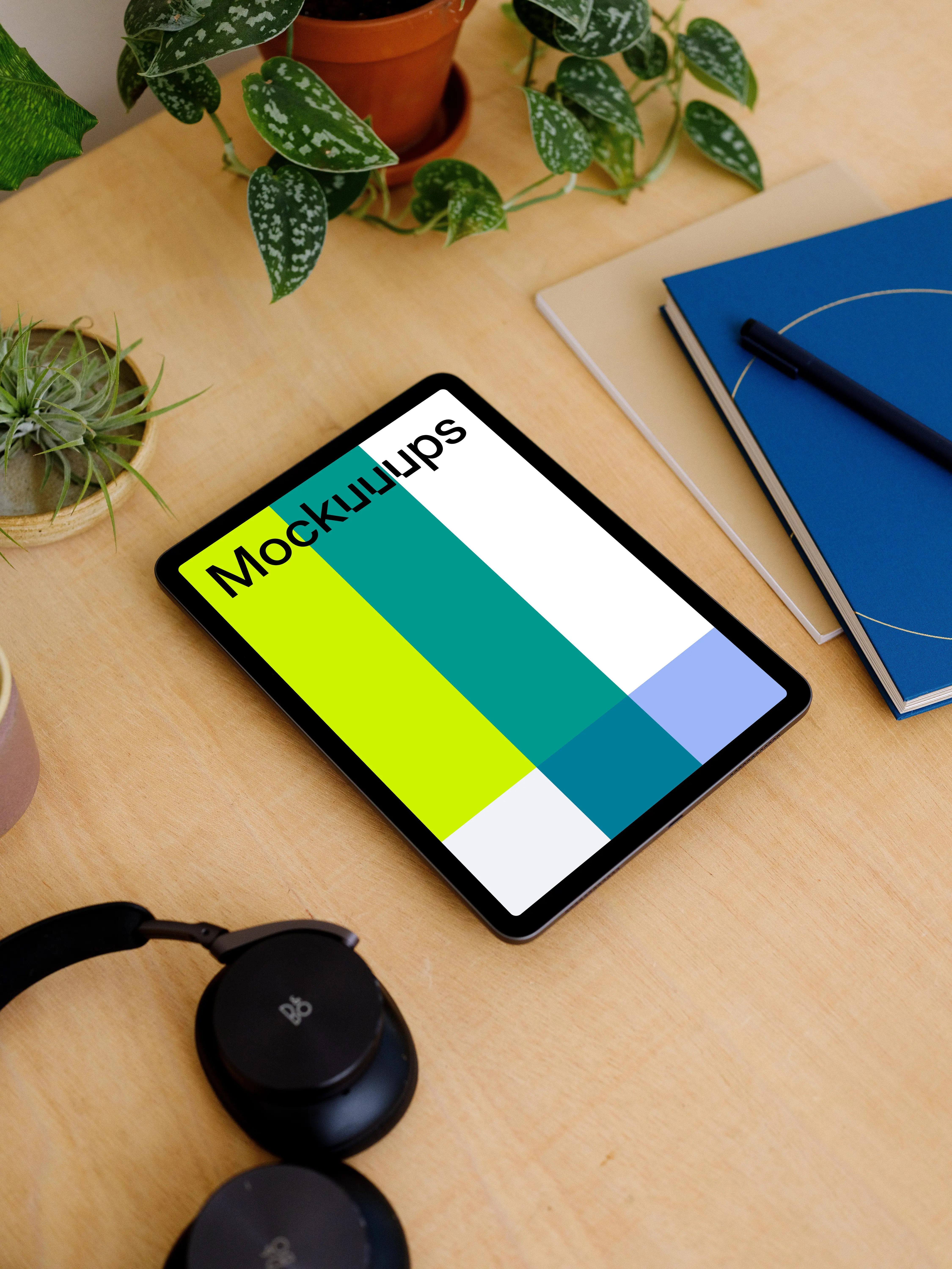 iPad Air mockup on a table beside a diary