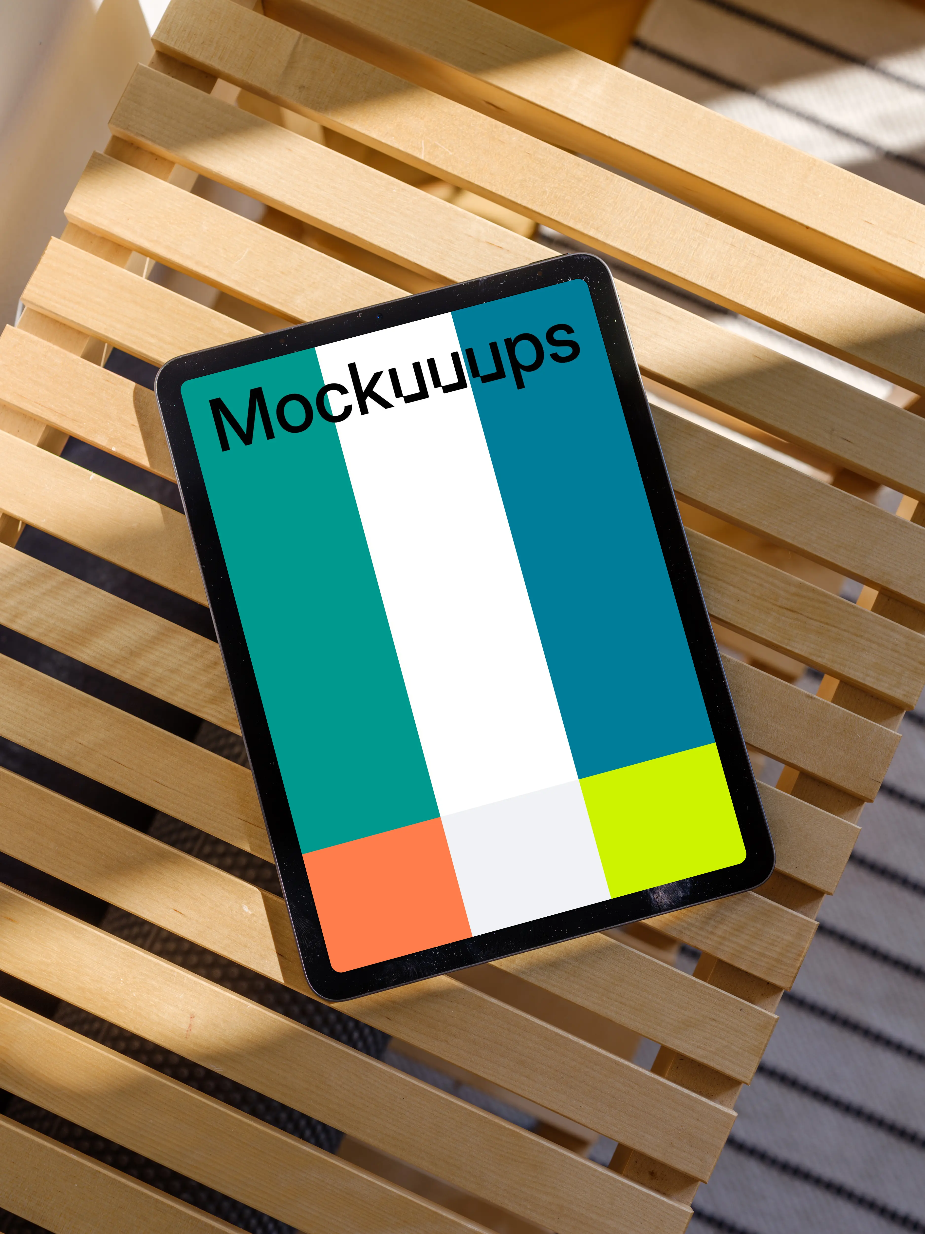 iPad Air mockup on a wooden bench 