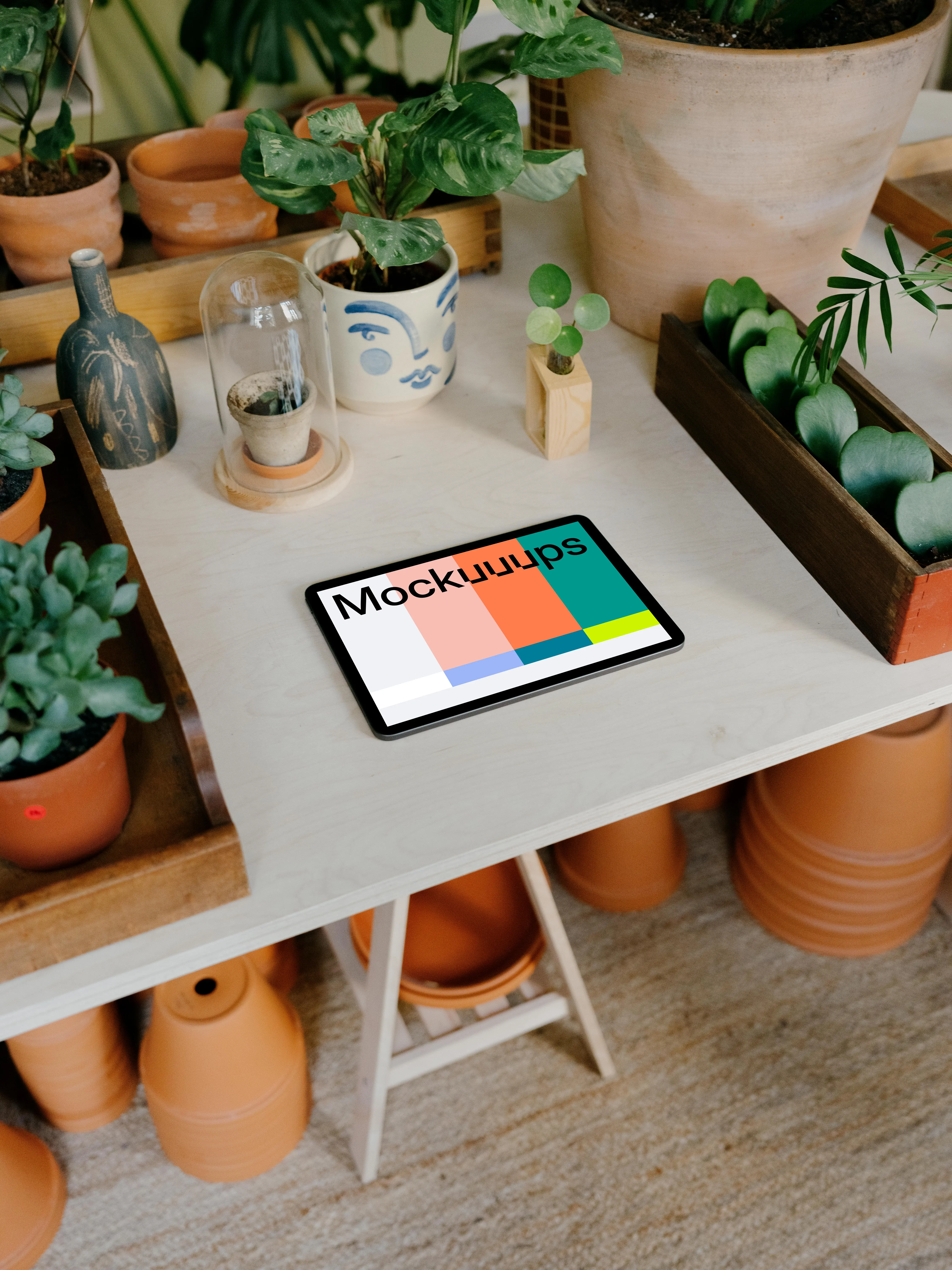 iPad Air mockup surrounded by potted plants on a white table