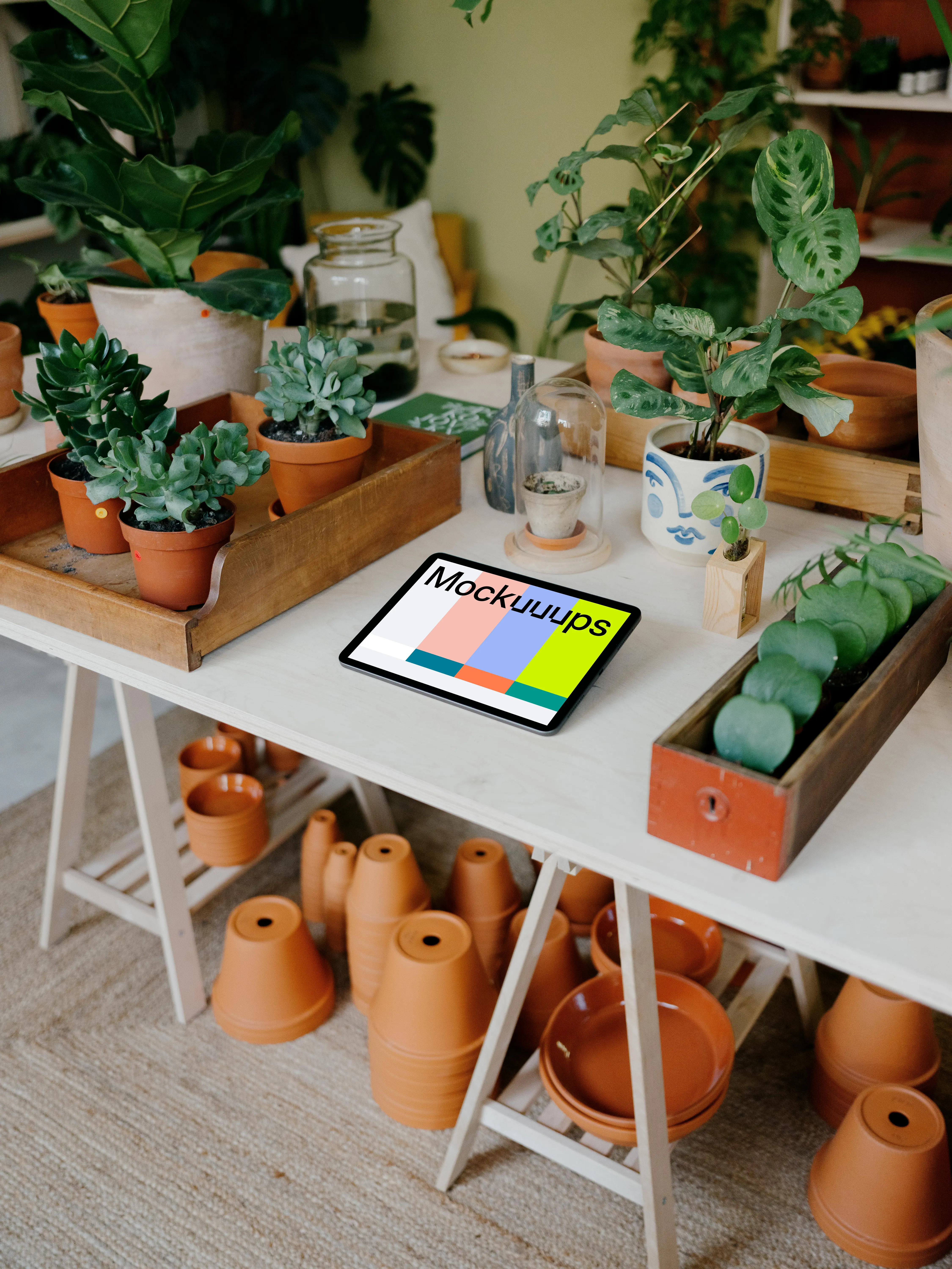 iPad mockup on a table with plant vases under the table