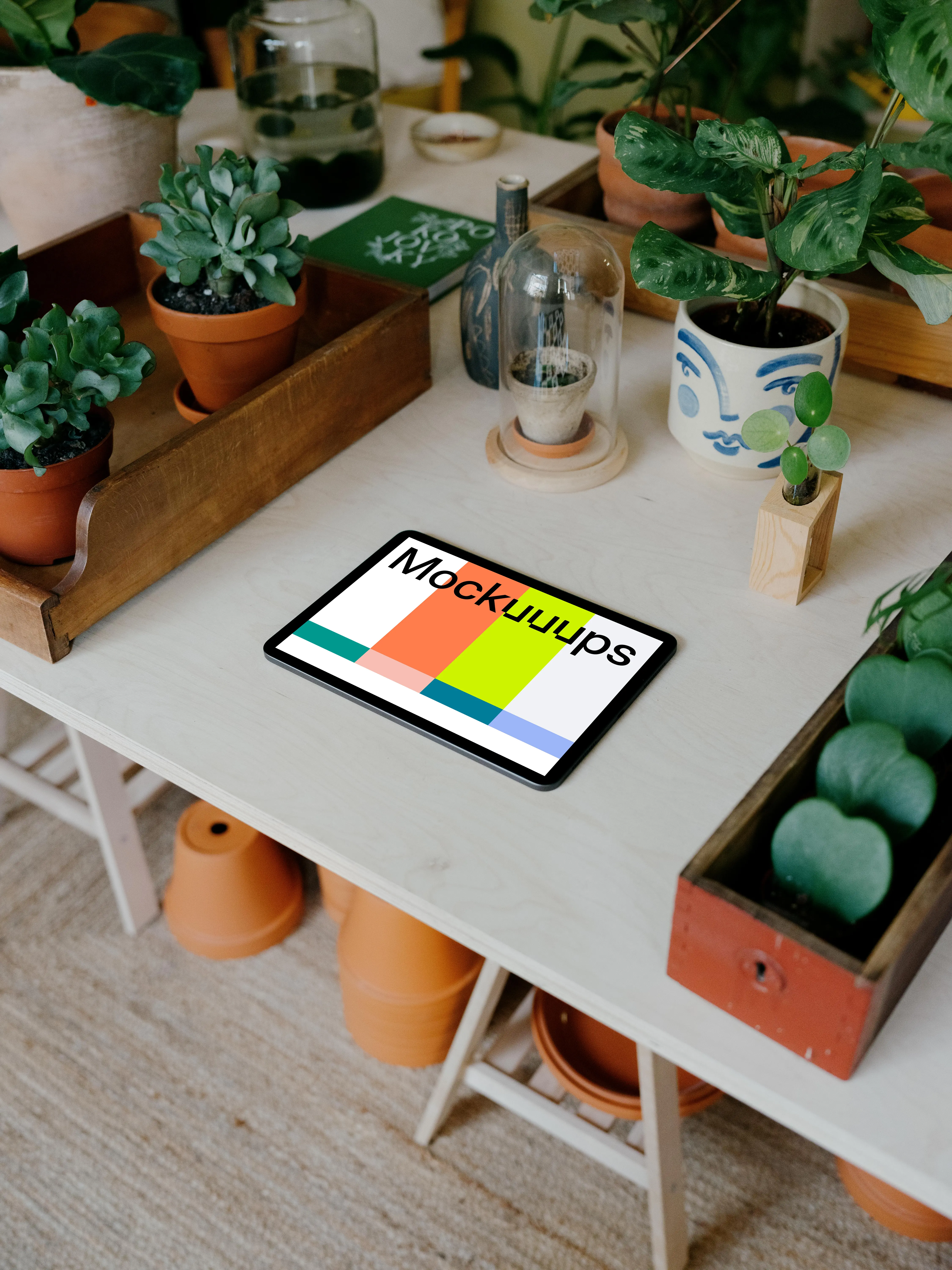 iPad mockup placed flat on a white table